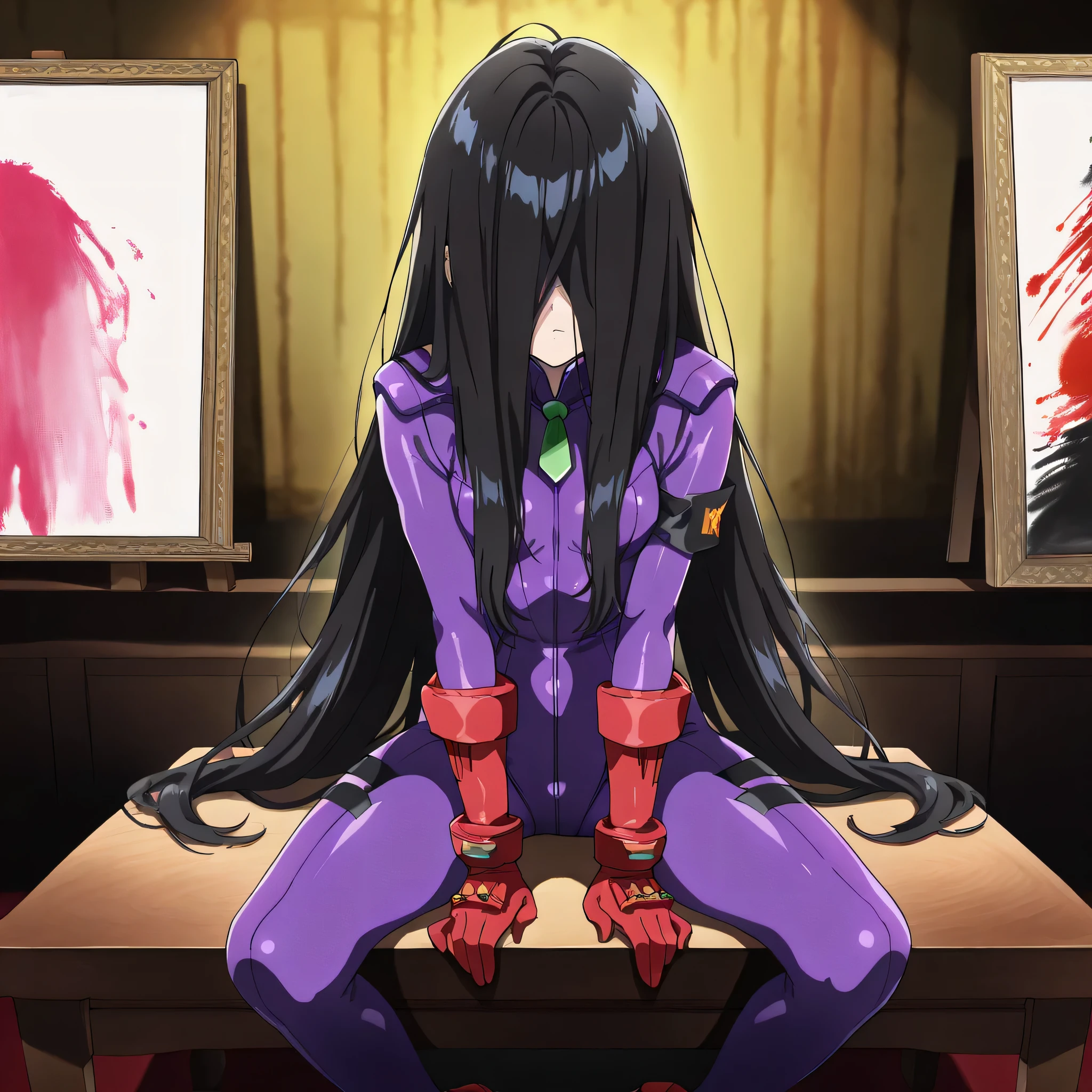 nime, (masterpiece), (best quality), (ultra-detailed), (best illustration), (best shadow), (absurdres), (detailed background), (very aesthetic), shiny, detailed beautiful eyes, outstanding, countershading, detailed soft lighting, an exquisite animation illustration, 1girl, solo, anheang, (((Dollsuit))), thighthigh, dark persona, empty eyes, expressionless, blank eyes, looking at viewer, red gloves, full body, emotionless, Fighting Stance, hair ornament, small breast, natsukohirose, black hair, long hair, very long hair, (((hair over face, sitting on table, writting, painting)))