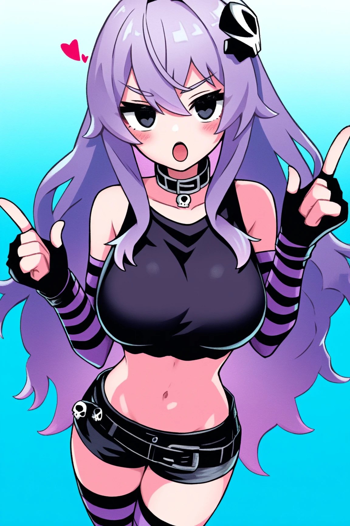 Masterpiece, best quality, nozomi tojo,cowboy shot,solo ,green eyes,wink, smile, open mouth, tongue out,low twintails,big breasts, purple hair, solo, gothic make up ,crop top,strap slip, denim shorts, choker, (graffiti:1.5), paint splatter, arm behind back, middle finger,against wall, armband, thigh strap, paint on body, head tilt, headset, fishnet pantyhose,love live style