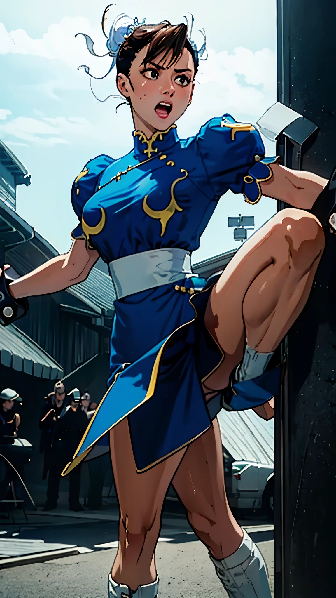 Street fighter chun li smiling, showing armpits and pussy, half naked.(((half naked))) city background, full body, white boots. 