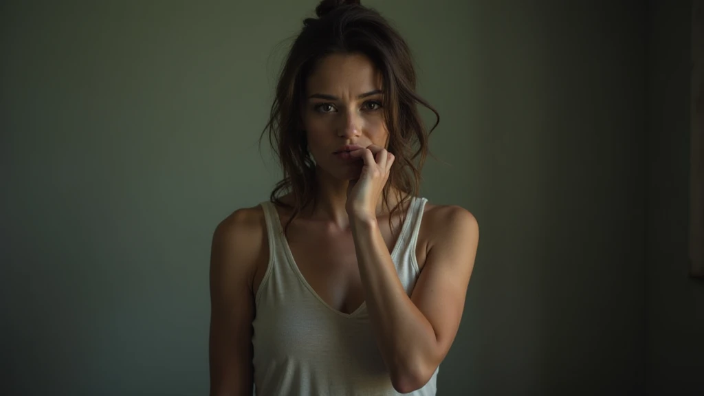 Beautiful 30 year old woman, young woman wearing gray clothes, blue background with negative space on the right, is holding her stomach with a facial expression of pain. realistic photo. super sharp, detailed, ultra high resolution, 8k images. AI generated.