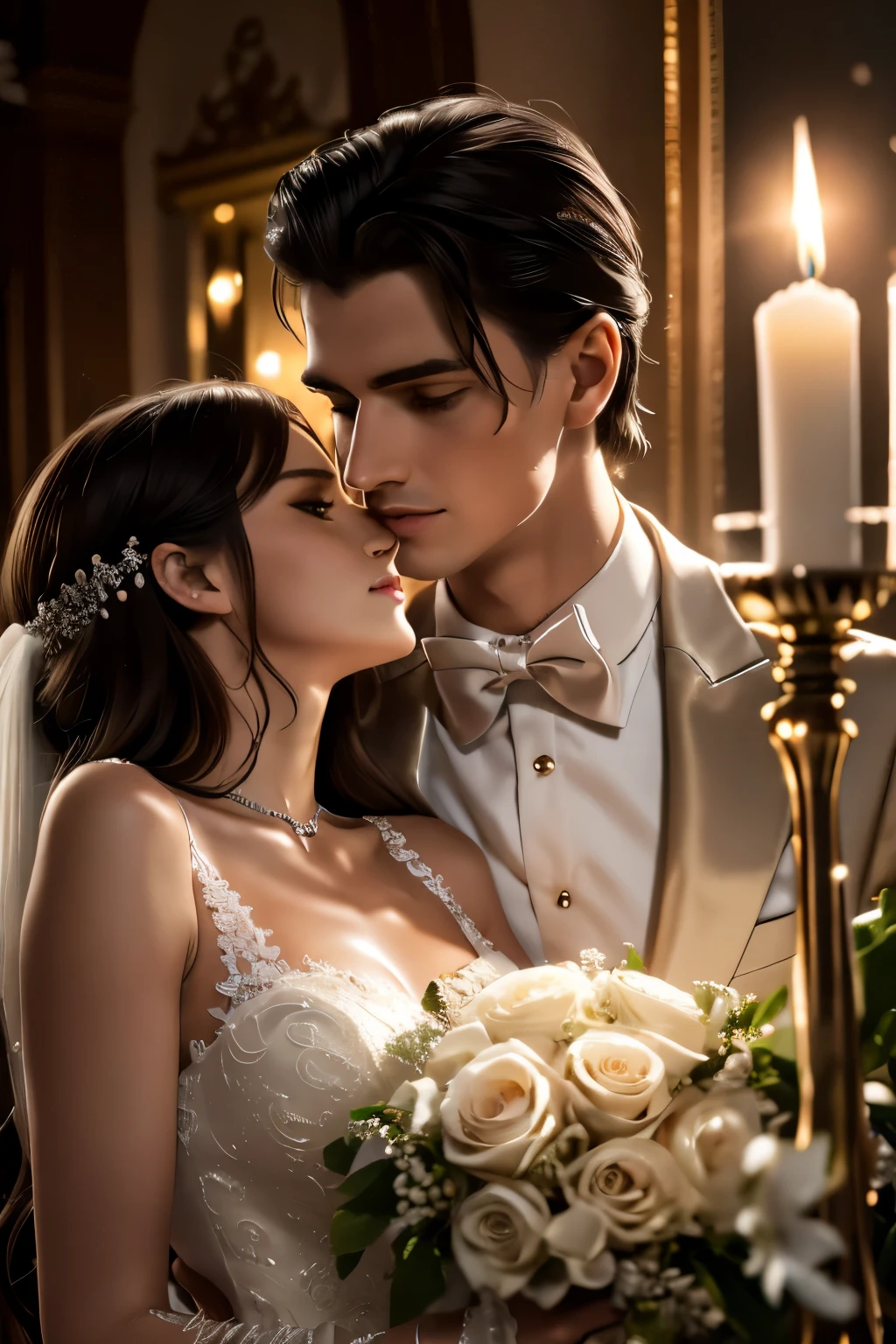 romantic couple,1girl,1man,detailed facial features,beautiful detailed eyes,beautiful detailed lips,extremely detailed face,long eyelashes,elaborate wedding dress,elegant tuxedo,passionate embrace,romantic candlelit dinner,rose petals,champagne glasses,soft glowing lighting,cinematic composition,intricate details,photorealistic,masterpiece,high quality,8k,detailed rendering,vibrant colors,warm color palette
