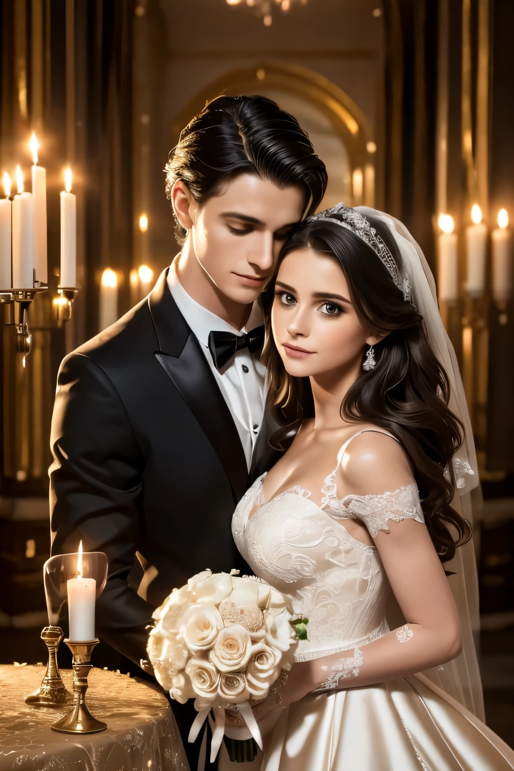 romantic couple,1girl,1man,detailed facial features,beautiful detailed eyes,beautiful detailed lips,extremely detailed face,long eyelashes,elaborate wedding dress,elegant tuxedo,passionate embrace,romantic candlelit dinner,rose petals,champagne glasses,soft glowing lighting,cinematic composition,intricate details,photorealistic,masterpiece,high quality,8k,detailed rendering,vibrant colors,warm color palette