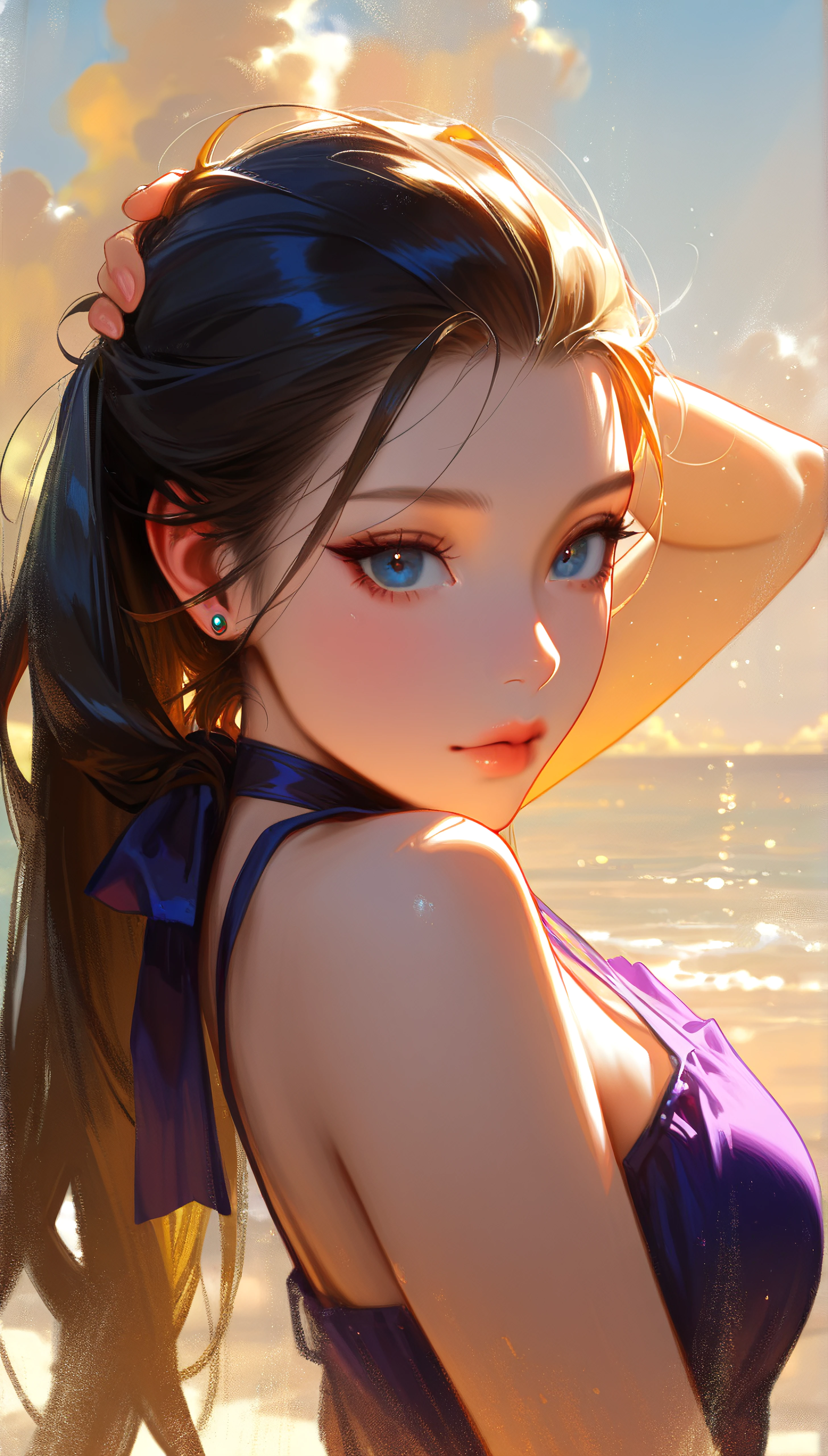 score_9, score_8_superior, score_7_superior, A masterpiece in 32K resolution,Highest quality,it is really amazing,Very detailed,Ultra-high resolution,Ultra-realistic,Realistic,Increased depth of field,Cinematic lighting,
Elegant adult Japanese woman,
black straight medium hair,Ultra-detailed and beautiful face,Gentle expression,Translucent white skin,Realistic skin texture,
Sexy Swimwear,
Bold design,Artistic design,Beautiful and detailed pattern,Detailed fabric texture,
Gorgeous necklace,Earrings,
Coastline at night,Giant Moon,Dark clouds floating in the dark night sky,
High angle,