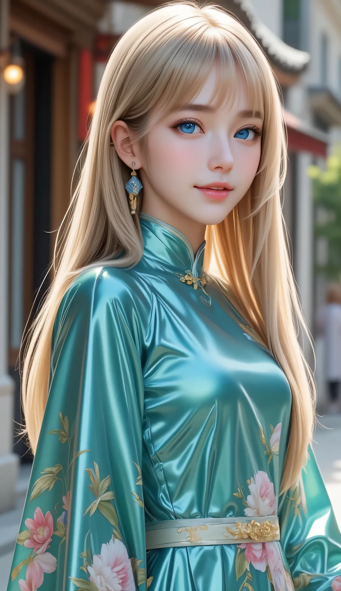(super cute young face:1),
very beautiful cute french girl,
(thirteen years old:1.4),
(clear blue eyes:1),
exquisite smooth and silky long blonde straight hair,
fair skin,(happy cheerful smile),
professional photograph ,
Super shiny metallic turquoise gorgeous vivid colored long sleeves cheongsam,
flowers pattern design cheongsam,
happy cheerful smile,
narrow waist,
in the street,
(very thin makeup),
(full body shot:1.3)