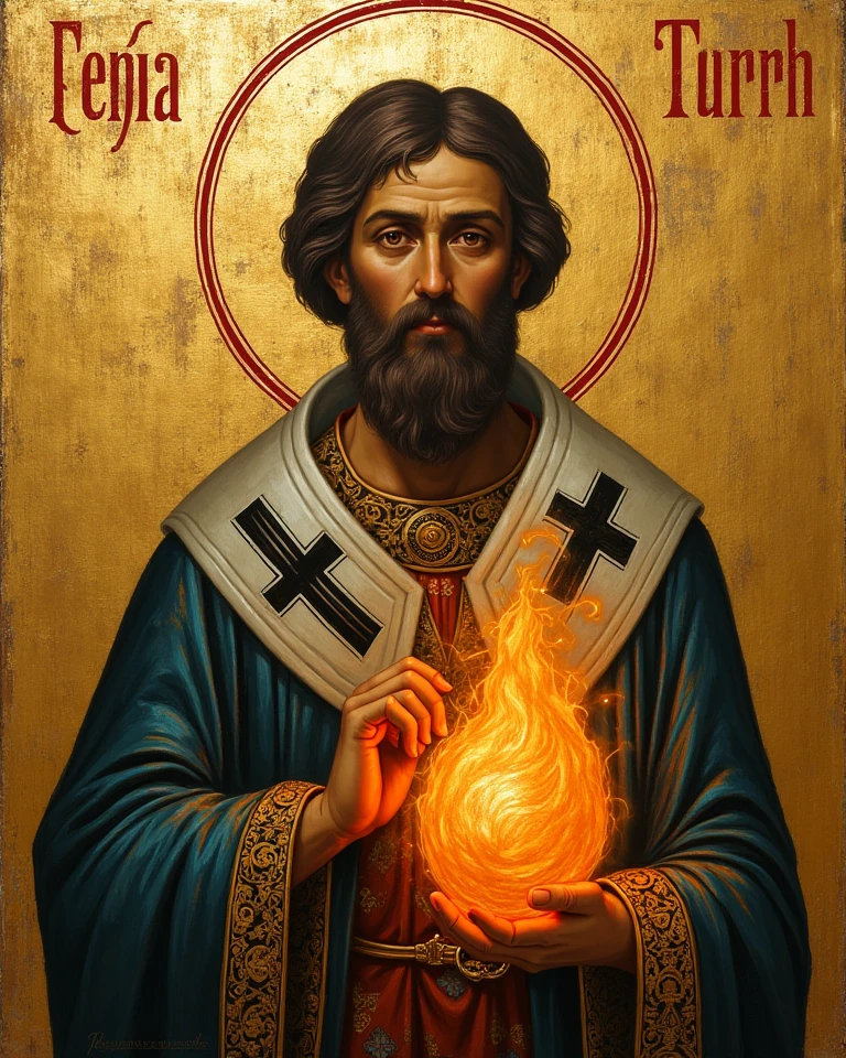 A byzantin painting, A saint holding a glowing hairy thing