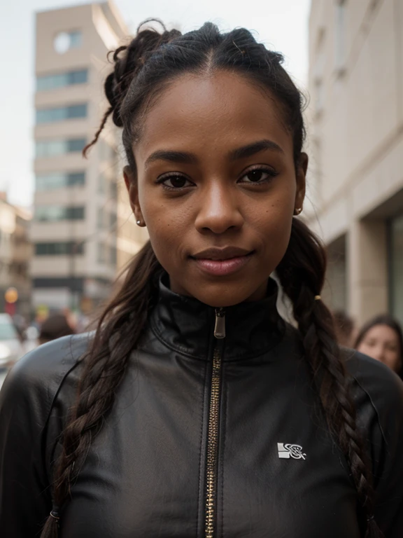 1 girl, (Burundian), ((detailed face)), Milf Cammy of street wrestler clothing ((jacket)), (blue jacket on top) [black sports t-shirt] and (black yoga pants), (circumflex afro hairstyle, short hair), bottom a gym, (arms behind her back), (bend over), straddling her big ass for camera. full body shot