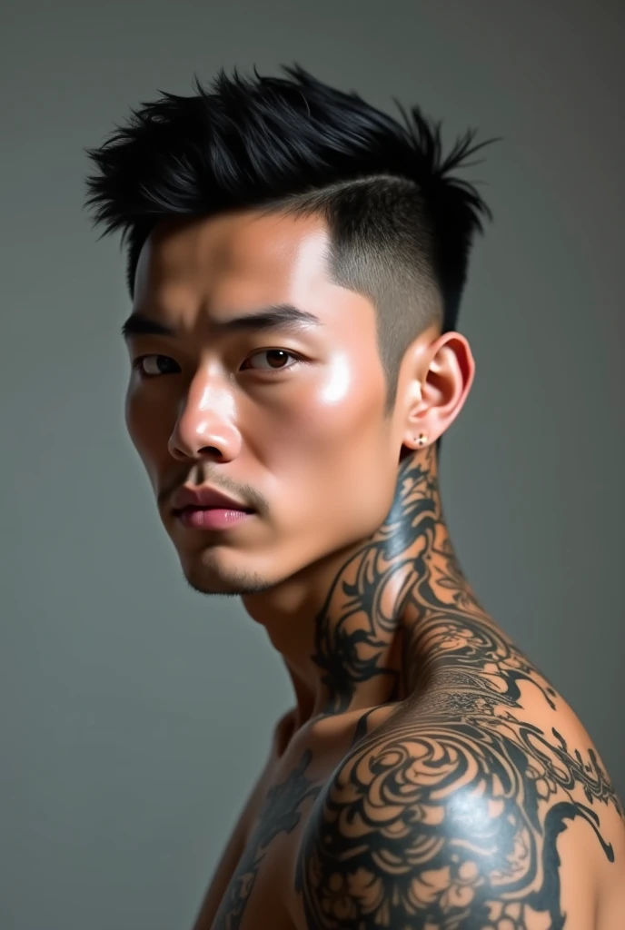 arafed man with tattoos on his chest and chest, yakuza tattoo on body, tattooed man, handsome japanese demon boy, with facial tattoo, portrait of a cyberpunk samurai, of taiwanese girl with tattoos, symmetry!! portrait of cyborg, detailed face of a asian boy, dramatic portraiture of uuen, asian man, symmetry!! portrait of akuma, asian male