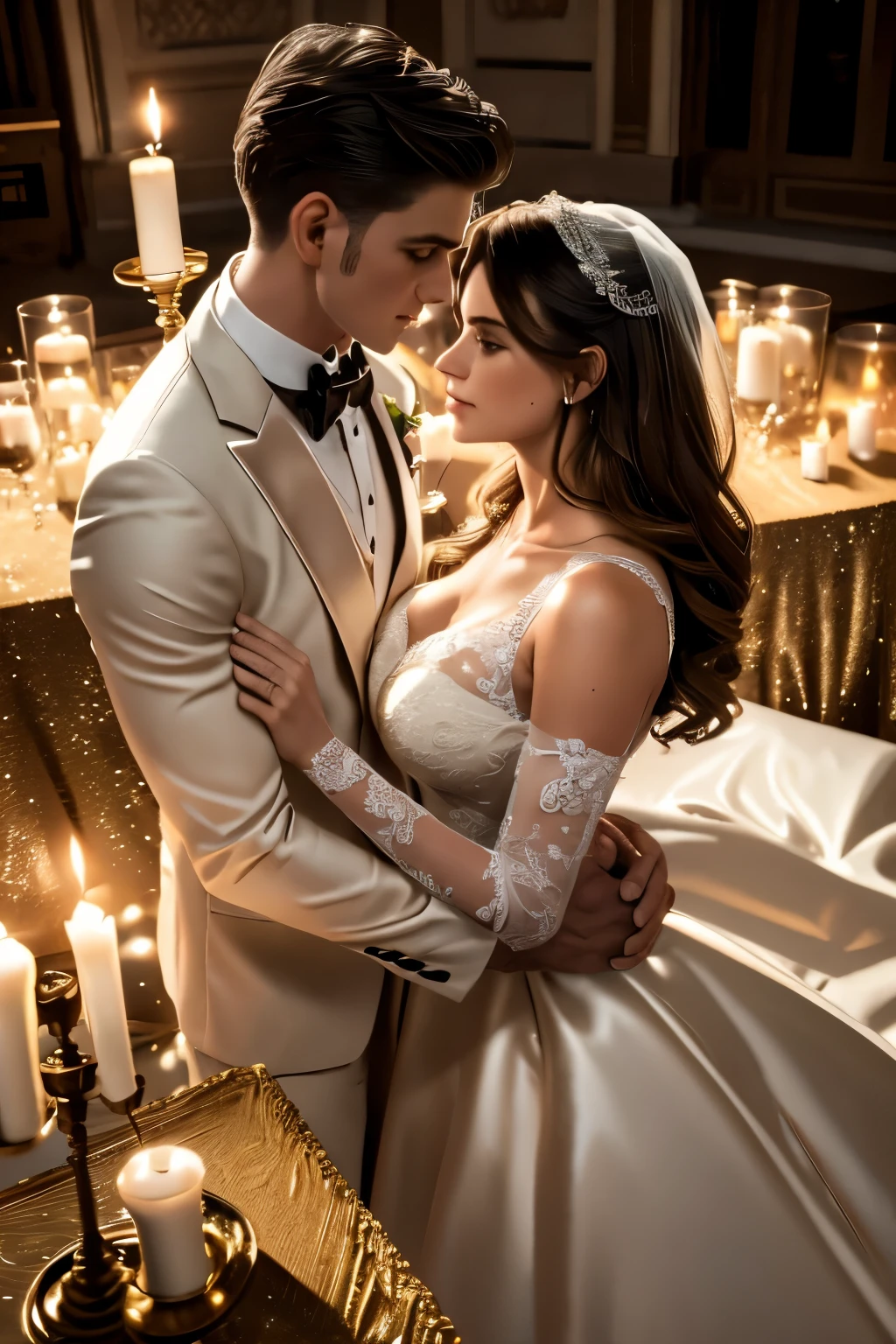 romantic couple,1girl,1man,detailed facial features,beautiful detailed eyes,beautiful detailed lips,extremely detailed face,long eyelashes,elaborate wedding dress,elegant tuxedo,passionate embrace,romantic candlelit dinner,rose petals,champagne glasses,soft glowing lighting,cinematic composition,intricate details,photorealistic,masterpiece,high quality,8k,detailed rendering,vibrant colors,warm color palette