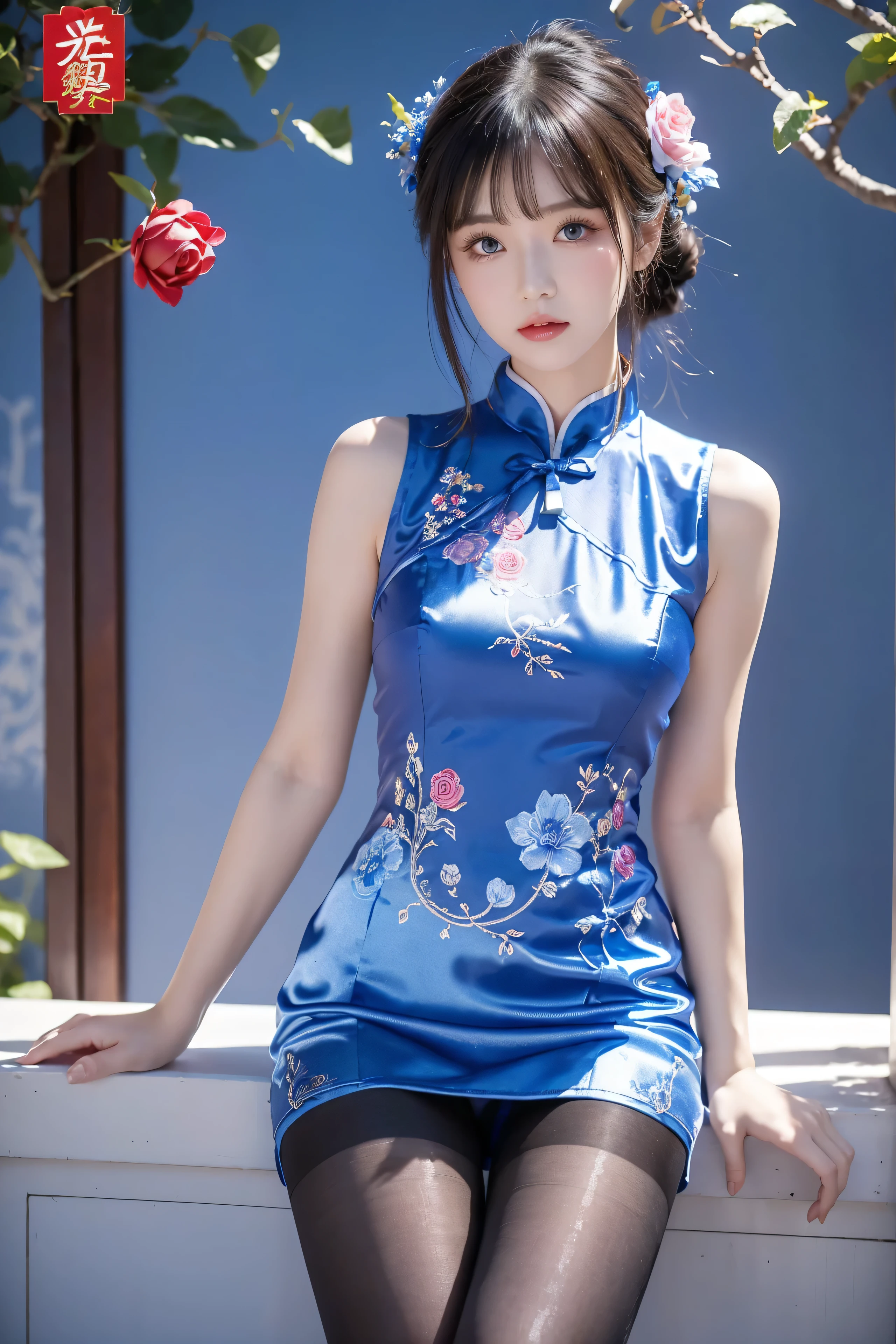 Cheongsam, 1 girl, blue bow, blue eyes, blue flowers, blue ribbon, blue rose, chest, Chinese clothing, Chinese clothing, dress, flower, gradient, gradient background, embroidered ball flower, looking at the audience, small chest, pantyhose, rose, single, thigh pantyhose, Chinese paper fan with painting on it,