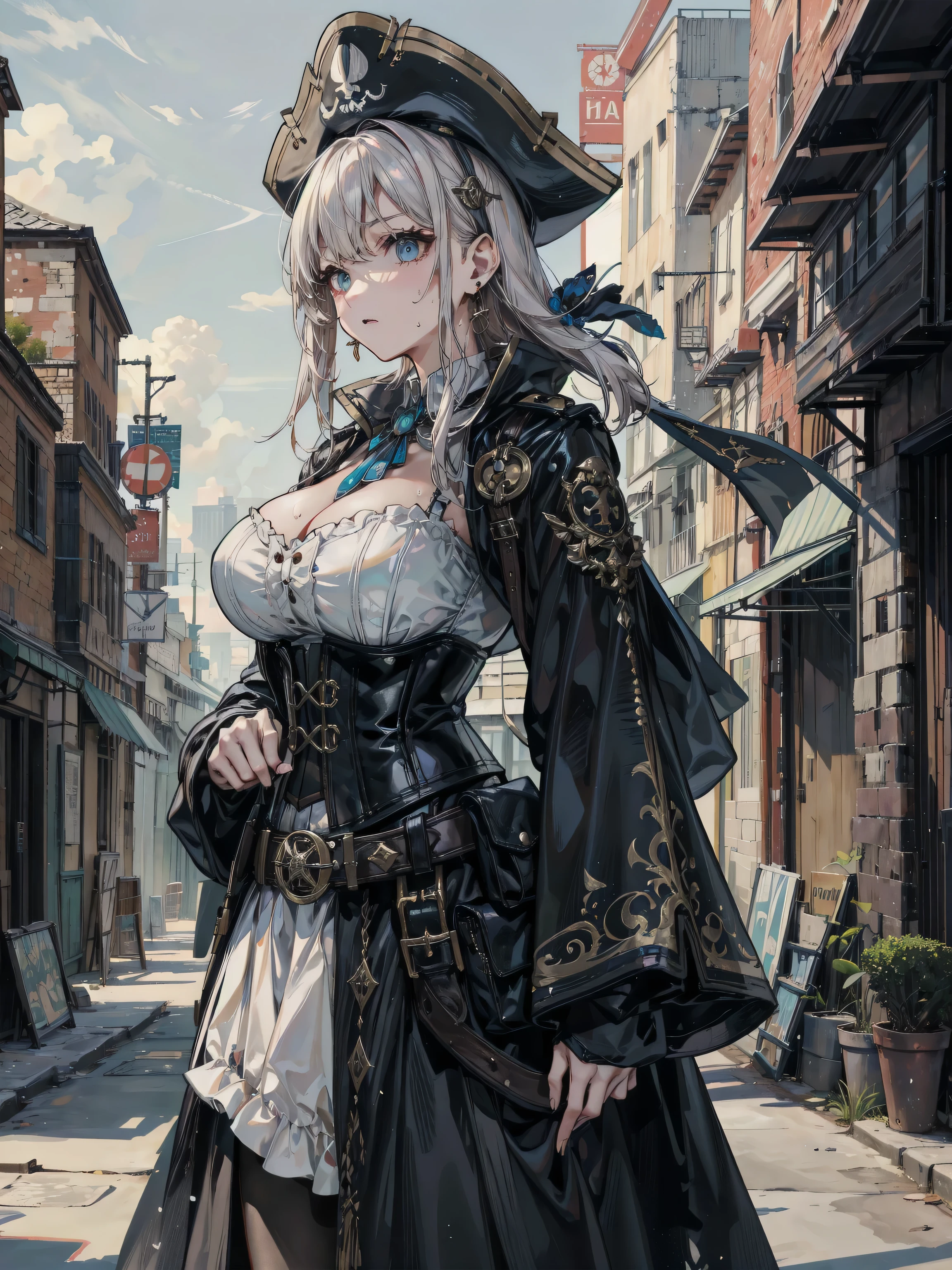 absurdres, RAW photo, extremely delicate and beautiful, masterpiece, Best Quality, ultra high resolution, 32k, hyperrealistic, ultra-detailed, perfect figure, detailed description, pale skin, 20 years old, detailed beautiful face and eyes, tearful mole, earring, short medium hair, wavy hair, full body, a heavily armored pirate, pirate captain, detailed metal armor, intricate pirate clothing, bold colors, highly detailed metal textures,