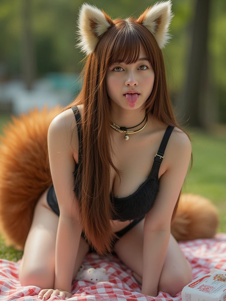 ((highest quality)), ((masterpiece)), (get used to it), perfect face, fox woman, Beautiful woman, public, A tail is growing, she has a fluffy tail, she has a fox tail, she shows her tail, smile, collar and leash, she is wearing a bikini, big 