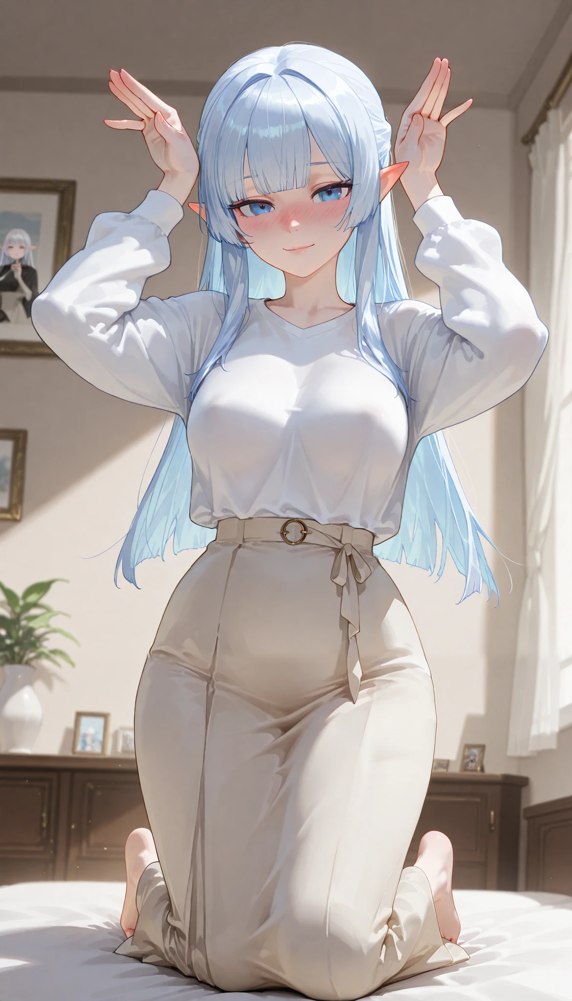 ( of the highest quality ), ( more), ( best picture ), (masterpiece), A beautiful and mature elf woman with a feminine body,  perfect body ratio,  very small hair , very small face,  perfect anatomy ,  anatomically accurate,  Ideal Proportion Body Proportion,  Is in perfect shape ,  perfect style, Perfect balance,  Delicate Facial Features ,  beautiful detailed women ,  VERY DETAILED eyes and face , Half updo,  Realistic Facials , realistic beautiful face, realistic beautiful eyes,  pale white skin with a pink tint, Vivid blue eyes , Thin lips, (Gradient from white to blue hair, hime cut, medium long hair),  medium boobs, slender,(A tidy living room in a modern woman's stylish home.), charmed face, light smile, ( beige thin cardigan,  white long-sleeved polar t-shirt , Beige long skirt ), full-face blush. very skinny body type. Kneeling. The viewpoint is the viewer. bunny pose.