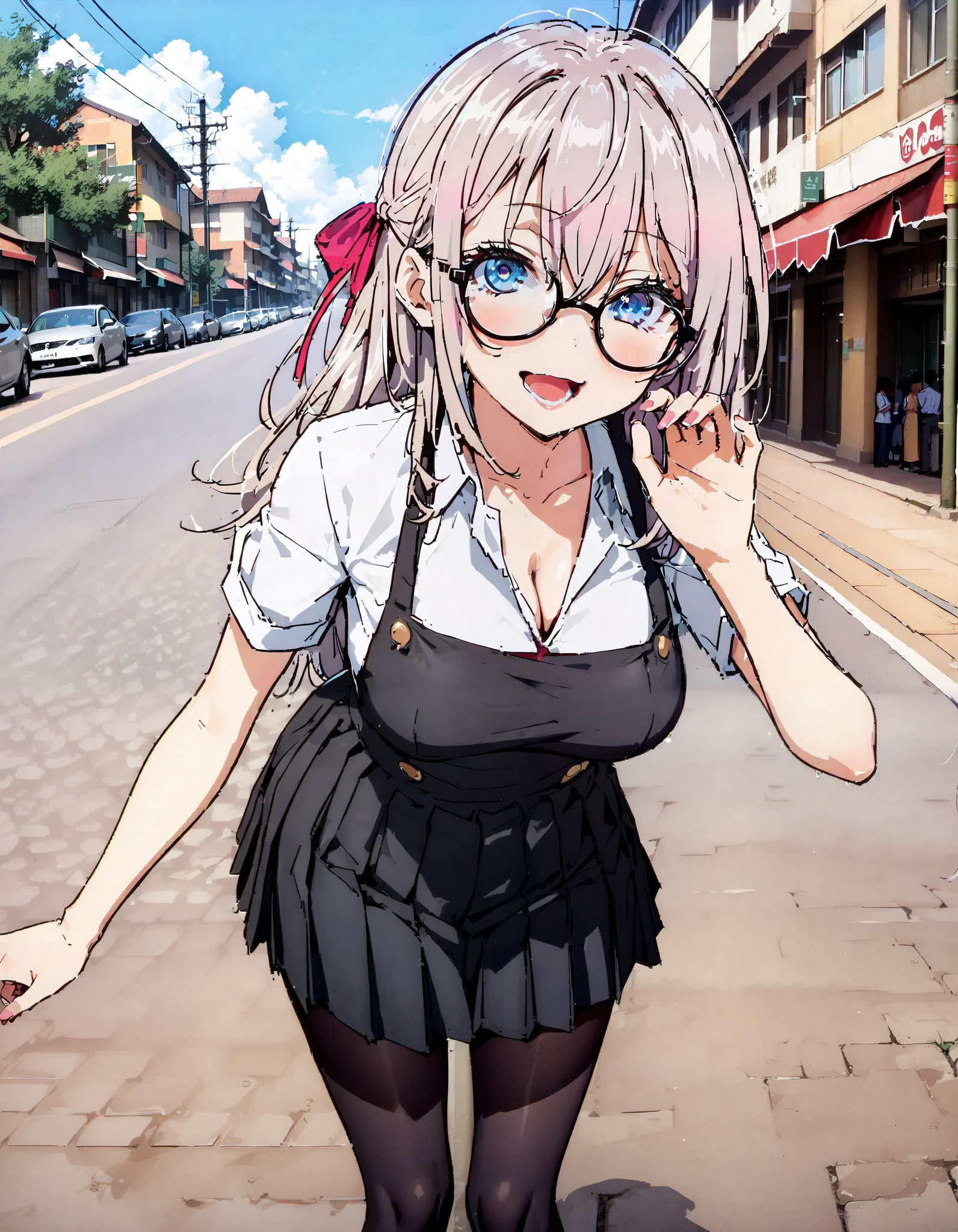 sysdeep_Arisa,stupid hair,  Silver Hair,  blue eyes,skirt,  shirt,side hair Ribbon,Glasses,smile,blush, open your mouth,  school uniform, white  shirt, Short sleeve, Big Breasts, cleavage, gal, collared  shirt,  sweater , black mini pleated skirt , rib tights ,  black pantyhose, loafers,  for tomorrow, in the sun's nature,whole bodyがイラストに入るように,                                    
 break outdoors,Around town,,                                                 break looking at viewer,whole body, break ( Masterpiece:1.2), highest quality , kampala, Unity 8k Wallpaper,(shape:0.8),(  fine, beautiful eyes  :1.6),It's a person ,whole body写真,CG Details , ( perfect hand, Complete Anatomy),                                        