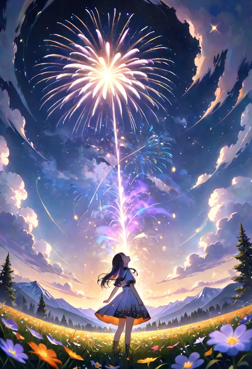 Expansive Landscape Photos ,( View from Below 、I can see the sky and the wilderness below.), Pretty girl standing in a field of flowers and looking up, EXQUISITE CHARACTER DETAILS ,( full moon:1.2),(meteor:0.9),( Star Cloud:0.5), Fir Mountain ,Tree Break Production Art,(Warm Light Source :1.2),( glow worm:1.2),Amazing fireworks, lamp lights up , purple and orange , intricate details,Volumetric lighting BREAK ( Masterpiece:1.2), ( highest quality),4K,Ultra delicate,( Dynamic Configuration :1.4), high definition and colorful details(Iridescent color :1.2),(Sparkling Lights, atmospheric lighting ),夢はMagical,Magical,PERFECT COLOR MATCHING ,(solo:1.2)