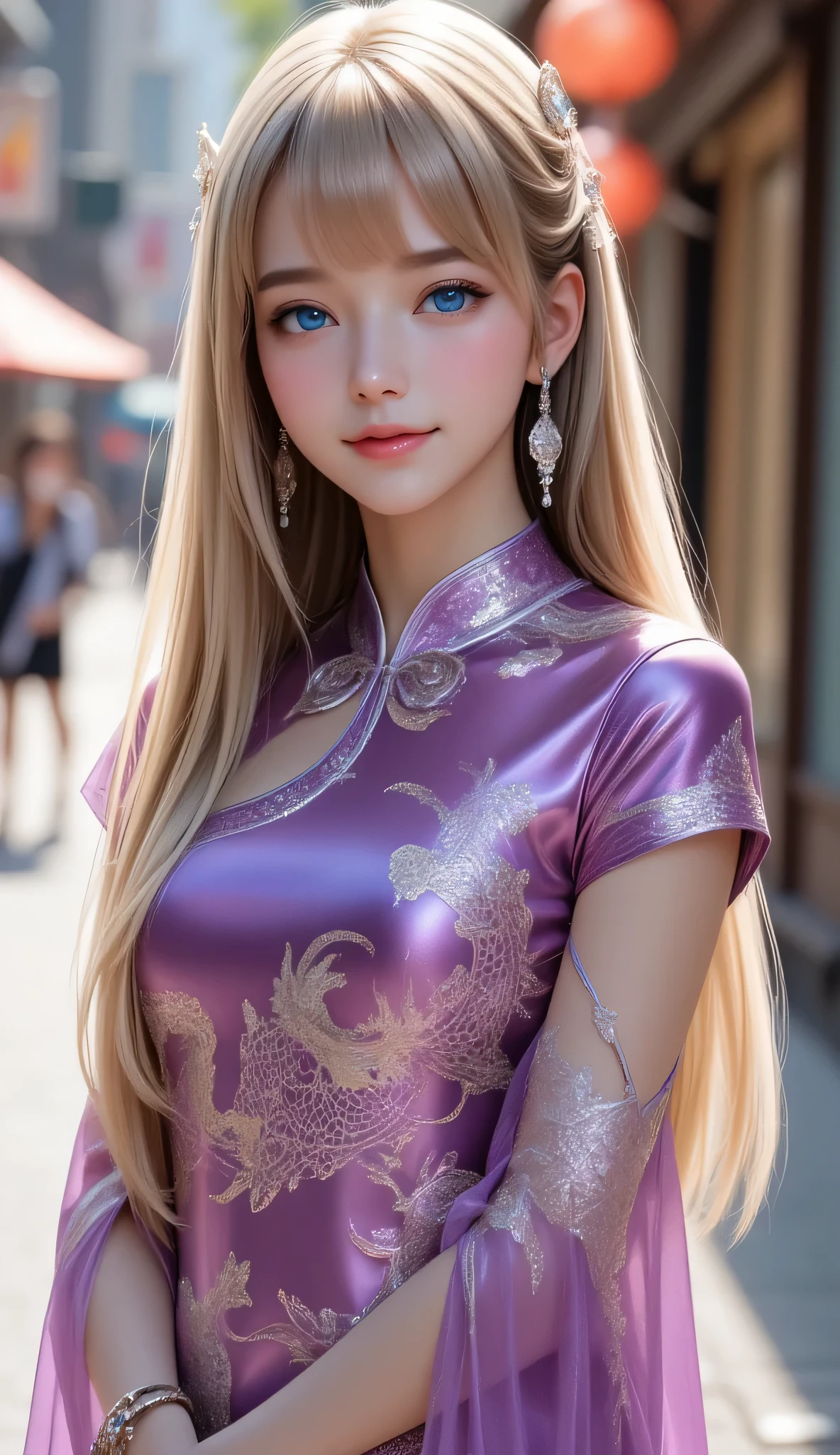 (super cute young face:1),
very beautiful cute french girl,
(:1.4),
(clear blue eyes:1),
exquisite smooth and silky long blonde straight hair,
(happy cheerful smile),
professional photograph ,
Super shiny metallic purple gorgeous vivid colored long sleeves cheongsam,
dragon pattern design cheongsam,
happy cheerful smile,
narrow waist,
in the street,
(very thin makeup),
(full body shot:1.3)