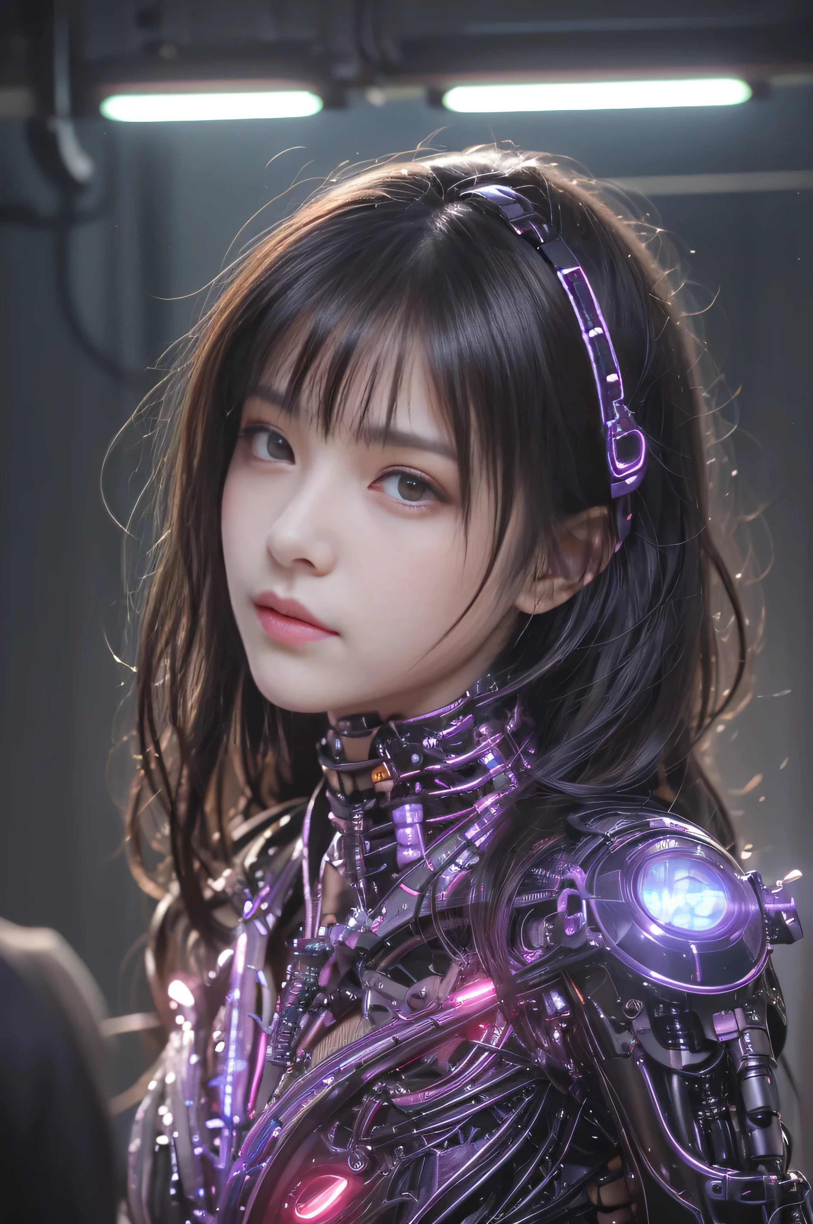 Top Quality, Masterpiece, Ultra High Resolution, (Photorealistic: 1.4), Raw Photo, 1 Girl, Black Hair, Glossy Skin, 1 Mechanical Girl, (Ultra Realistic Details)), Portrait, Global Illumination, Shadows, Octane Rendering, 8K, Ultra Sharp, Big, Cleavage Exposed Raw Skin, Metal, Intricate Ornament Details, Egyptian Details, Very intricate details, realistic light, CGSoation trend, purple eyes, glowing eyes, facing the camera, neon details, mechanical limbs, blood vessels connected to the tube, mechanical vertebrae attached to the back, mechanical cervical attachment to the neck, sitting, wires and cables connecting to the head, evangelion, small LED lamp,