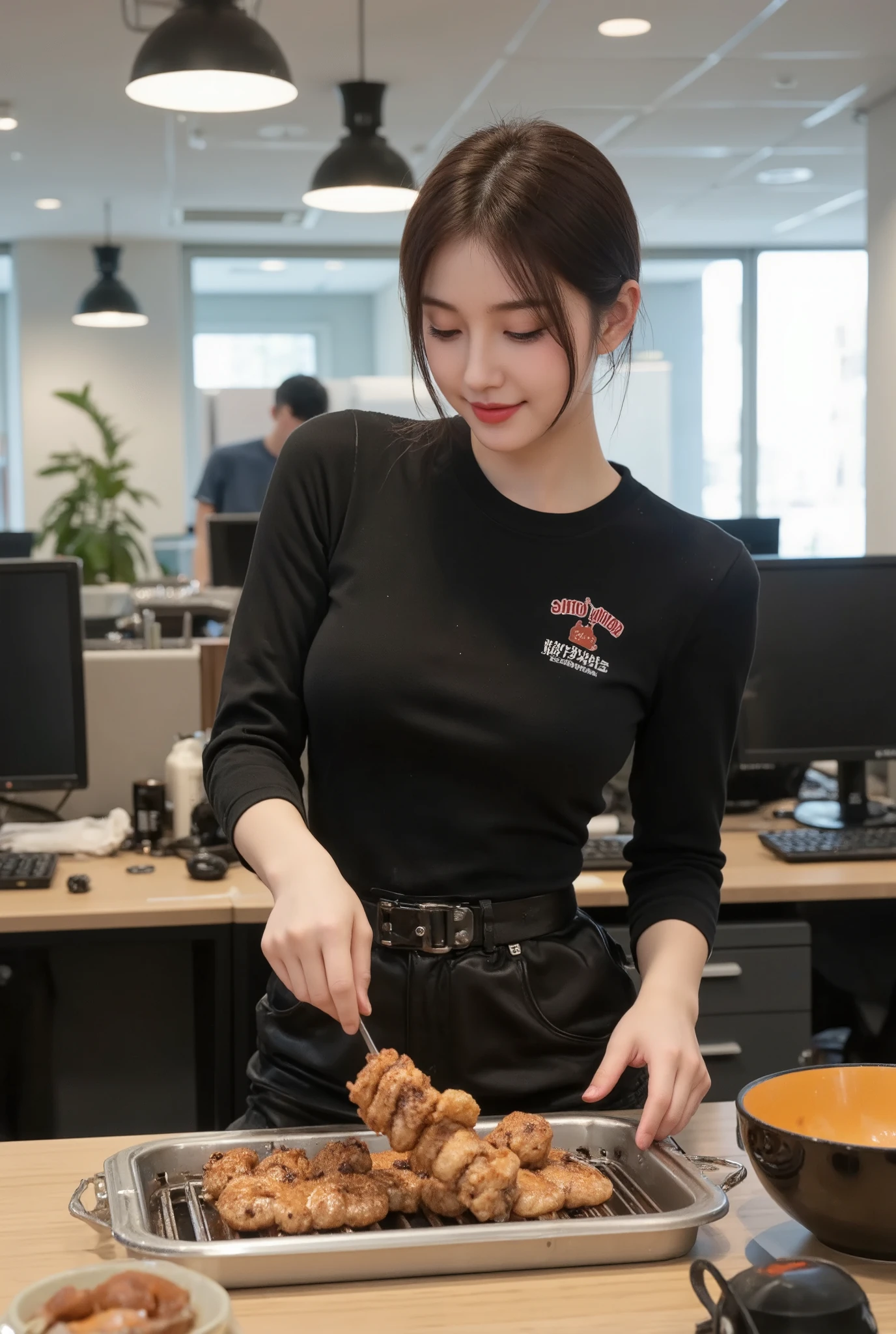 cute Japanese woman。 18 years old 。y are barbecuing at the company office。Smiling face in black rubber fashion 。