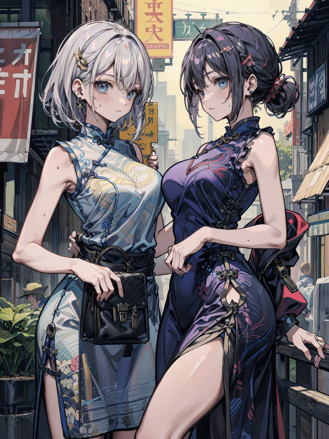 absurdres, RAW photo, extremely delicate and beautiful, masterpiece, Best Quality, ultra high resolution, 32k, hyperrealistic, ultra-detailed, detailed description, perfect anatomy, pale skin, 20 years old, detailed beautiful face and eyes, tearful mole, earring, short medium hair, wavy hair, whole body shot, big tits, yuri, ((2 girls)), ((cheongsam)), outdoor,