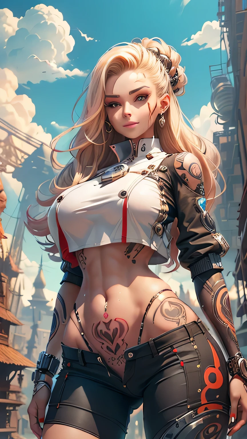Woman with cybernetic body parts, shorts, (((huge breasts: 1))), beautiful face, masterpiece, stylish hairstyle, ((from front)), ((flag background)), ((looking at viewers, facing the viewers)), slim body, (((slim waist))), (((masterpiece))), 4K HD picture, beautiful face, bare navel, outdoor scenery, sky, clouds, blonde, tied hair, long hair, (((ultra detail face))), ((womb tattoo)), standing, (spread legs), smile, (white top, black bottom), (wide hips), unbuttoned shorts