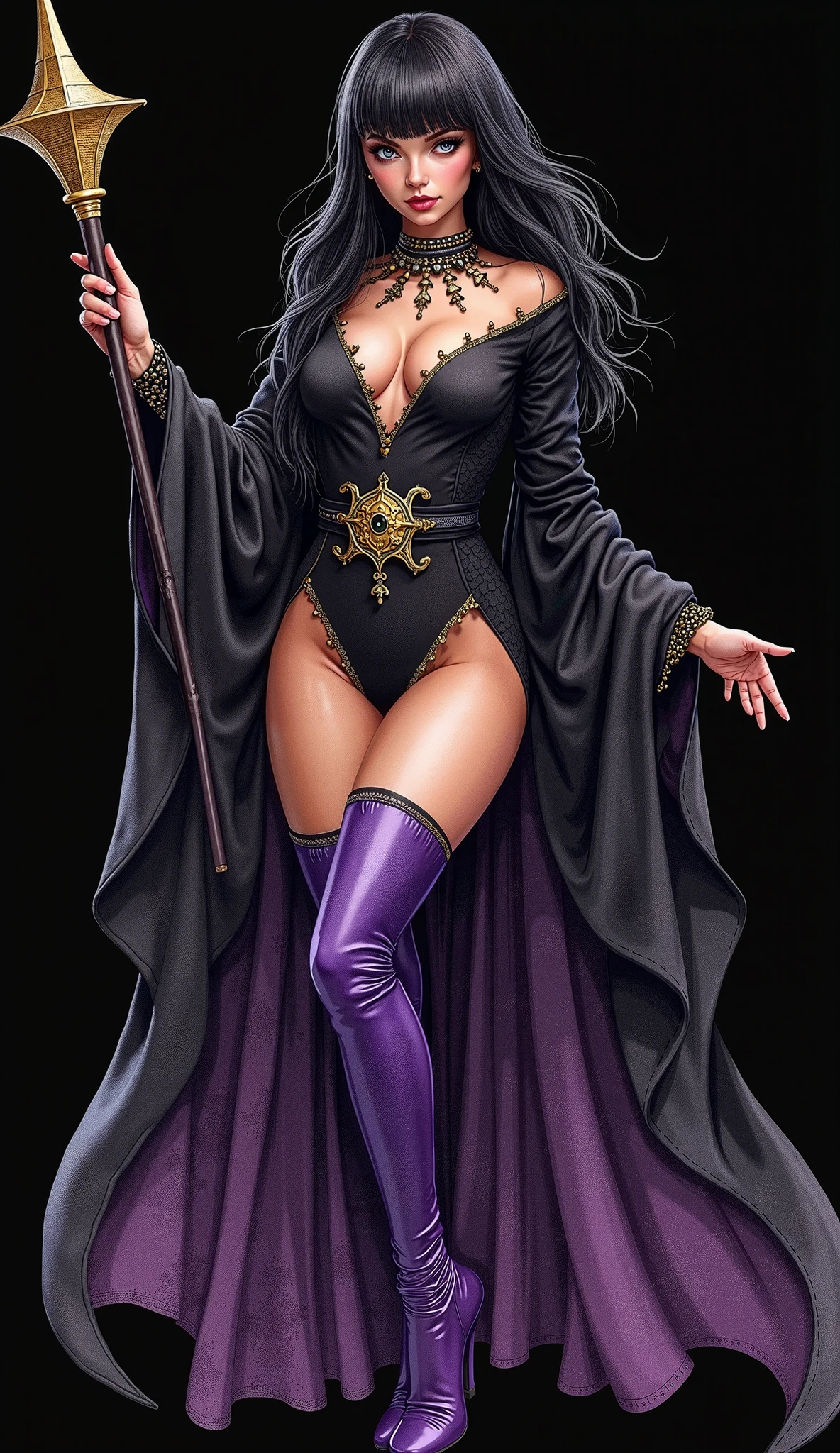 Lisa Ann: The evil nun, Demon horn, Demon wings on the head , sexy robe de nonne, His hands preparing a sphere of purple energy, diabolique, insidieux, His powerful magic hits the buildings of a city , Context of the Satanic Church, detailled eyes, detailed hands