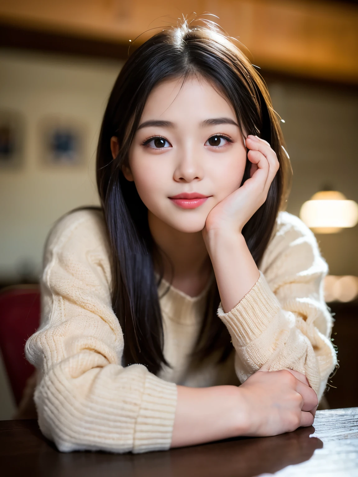 (Best-quality, Masterpiece, Ultra-High-Resolution, (Photorealistic:1.4), Raw Photo, depth of field, professional lighting, perfect anatomy, extremely details), ((at cafe, detailed cafe)), 1girl, 15-years-old, the most famous Japanese idol, sitting, looking at viewer, innocent smile, wearing adorable sweater with adorable design, ((most realistic face, loveliest baby face), ((most realistic eyes, loveliest round eyes, largest dark eyes)), ((most realistic skins):1.3), long black hair, most realistic eyelashes, ((most realistic lips):1.3))