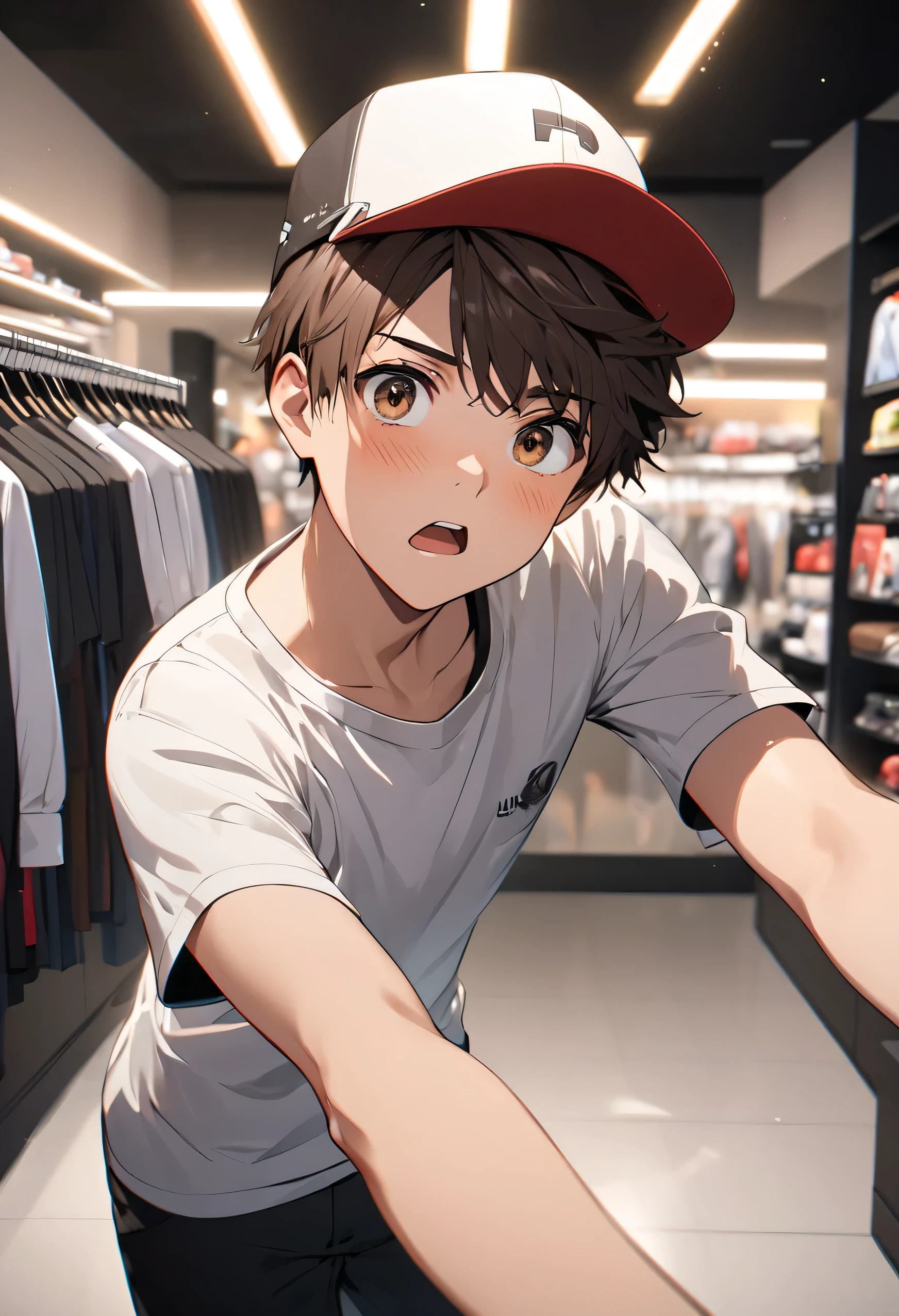 ( masterpiece,  better quality,  hat, UHD, perfect pixels ,  depth of field, 4k, RTX, hdr))), A -yeld boalone,  artistic style ,  anime character, ((serious and surprised look , short hair on the sides, fringe to the side ,  in dark brown color )), ( brown eyes: 1.2,), ( detailed face, blush: 1.1), looking at the camera  ( dynamic angle ,  dynamic pose: 1.2 pov ,  foreground , Front view),  wears a white round neck shirt , short sleeve, p( in the background of a departmental clothing store, clean image