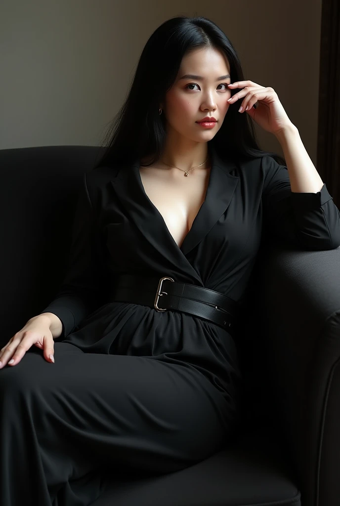 A captivating hyperrealistic photograph of an eighteen-year-old teenage Korean girl, with black hair cascading down her shoulders. She is dressed in an alluring ensemble, donning a black bodysuit with a plunging neckline and long sleeves, and sheer black full-footed pantyhose. Asleep in a cozy dentist's chair, her head is tilted back, and her mouth is slightly open. Her arms hang by her sides, and her legs are slightly apart, revealing her stocking-clad feet. This enchanting image captures the girl's beauty in a moment of vulnerability, exuding an atmosphere of tranquility and allure, drawing the viewer into her dreamlike state., photo