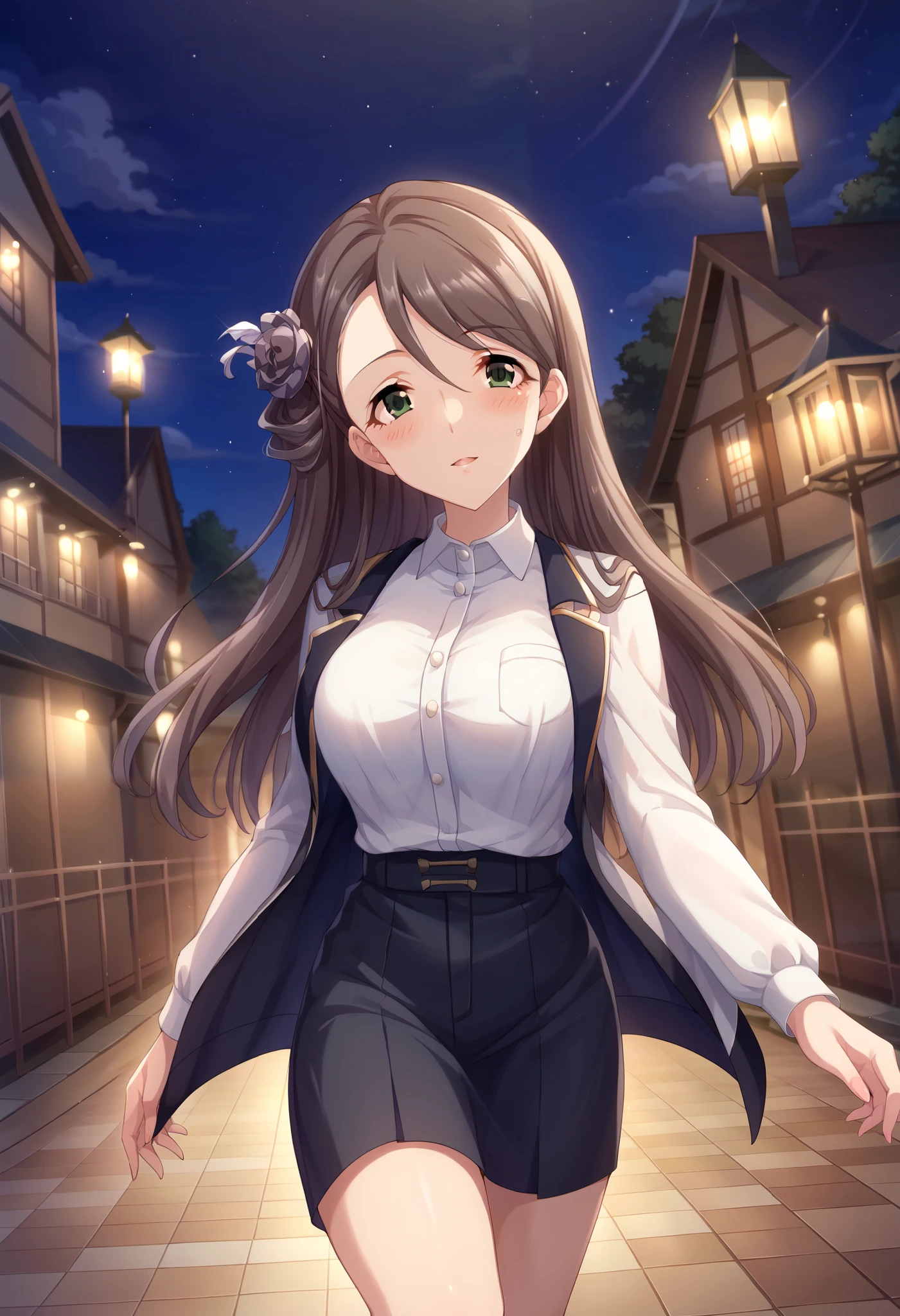 (((Nishikawa Honami )))、 white shirt 、(( black miniskirt))、((Close-up))、( downtown at night)、Outdoors、(blush)、 is bashful、 Hair、 long hair、 Ulchan-6500-v1.1, ( RAW photos :1.2),  beautiful detailed ,  Very Detailedな目 美しい目, beautiful eyes、 green eyes、  large file size,  Hi-Res,  Very Detailed,  highest quality, [ Masterpiece:1.6], Awareness-raising,  Very Detailed, CG, finely,  highest quality, 8K wallpaper,  Perfect Body、 dynamism 、 Very Detailed、 thin and beautiful thighs