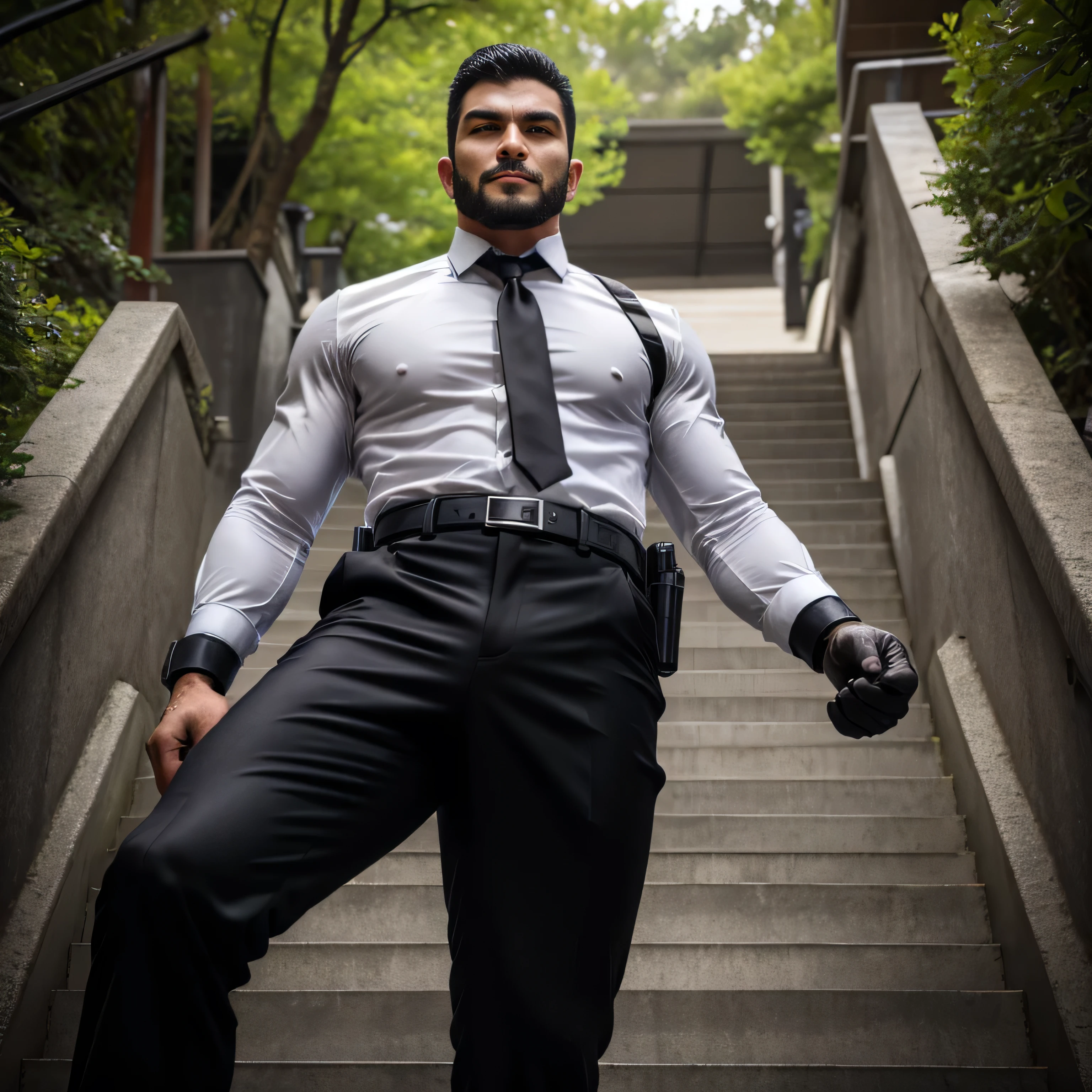 masterpiece, best quality, face, natural eyes, 1man walking, tall european lad, big feet, black combat boots, full body, a man in police uniform, rifle , large bulge, long legs, looking at viewer, 30 years old, muscled and mature, slim waist, short haircut, open chest, shirt button undone, blue eyes, flush, orgasm, sweating, tight cloth, standed