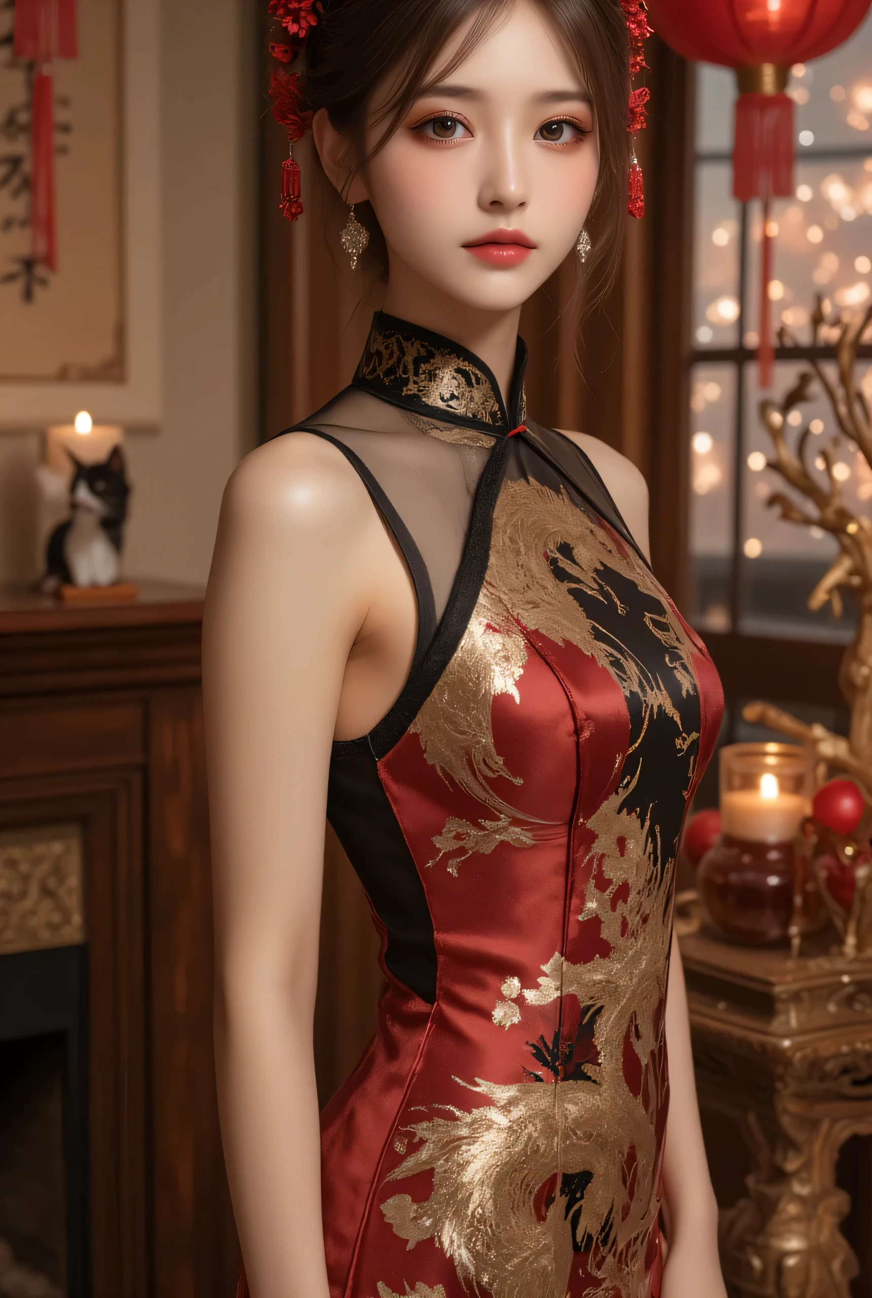 Araffe asian woman in a red and gold dress posing for a picture - SeaArt AI