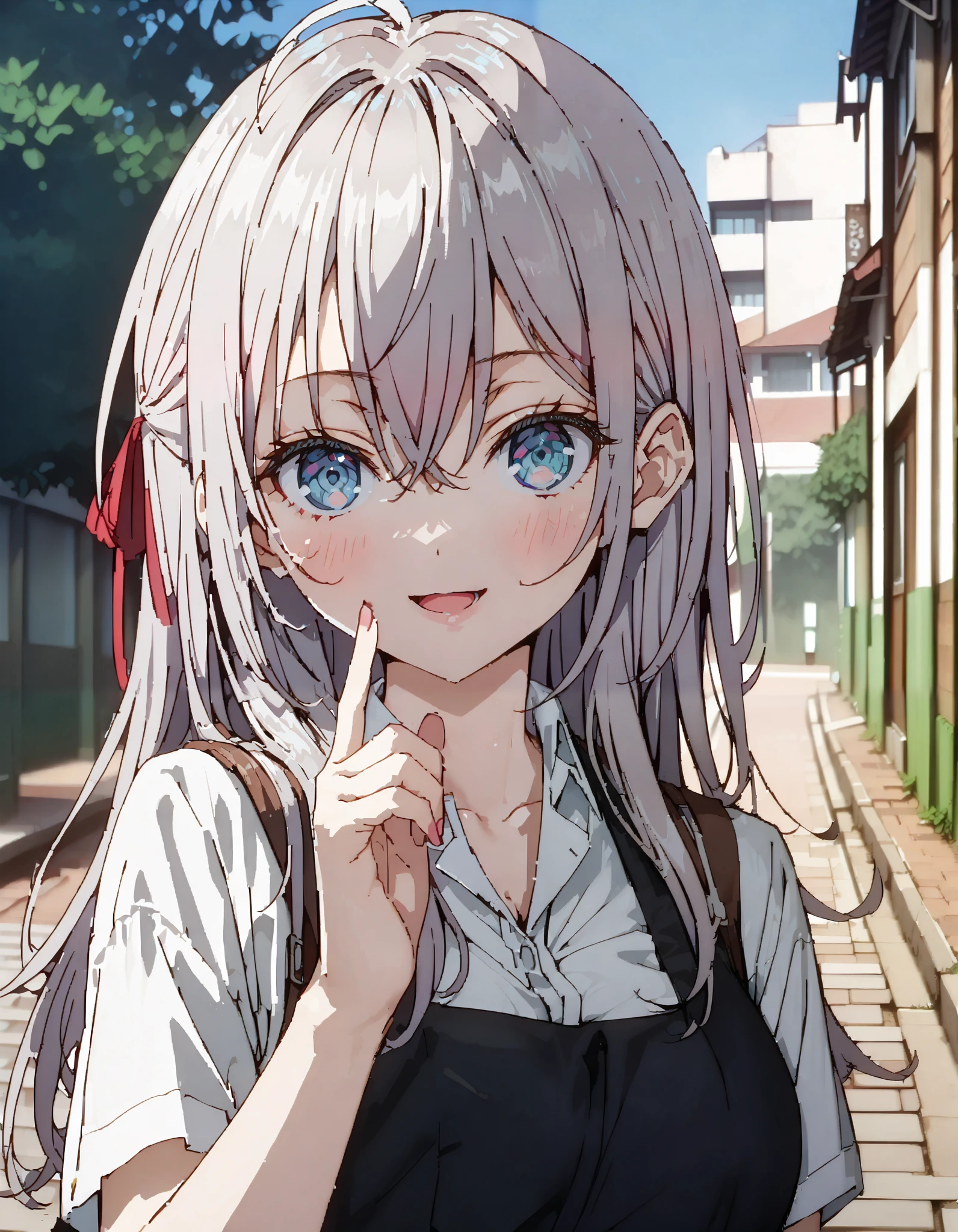 sysdeep_Arisa,stupid hair, Silver Hair, blue eyes,skirt, shirt,side hair Ribbon,Glasses,smile,blush, open your mouth, school uniform, white shirt, Short sleeve, Big Breasts, cleavage, gal, collared shirt, sweater , black mini pleated skirt , rib tights , black pantyhose, loafers, for tomorrow, in the sun's nature,whole bodyがイラストに入るように,
break outdoors,Around town,, break looking at viewer,whole body, break ( Masterpiece:1.2), highest quality , kampala, Unity 8k Wallpaper,(shape:0.8),( fine, beautiful eyes :1.6),It's a person ,whole body写真,CG Details , ( perfect hand, Complete Anatomy),