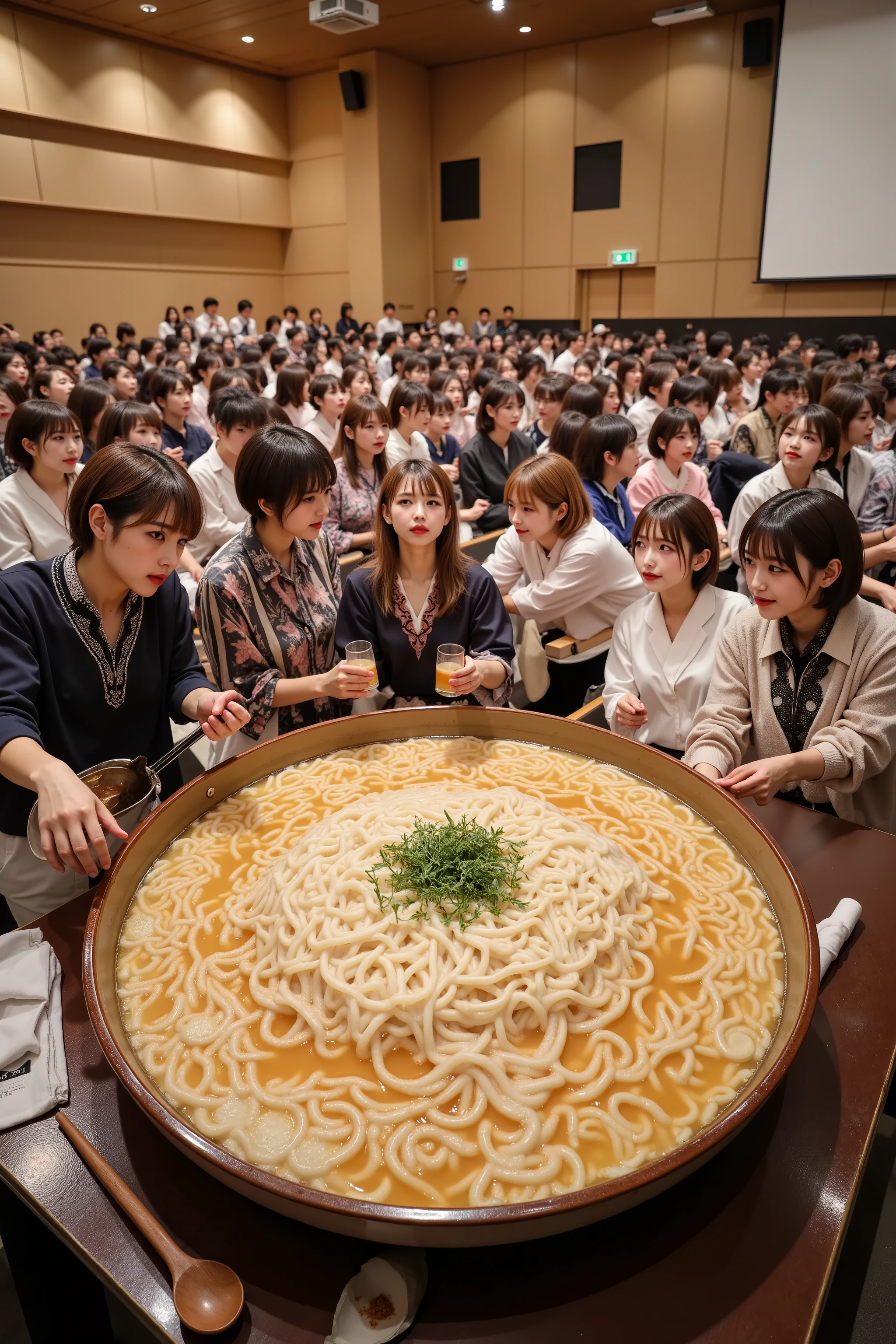 Super-sized udon\(udon with great passion, very absurd udon, very silly udon, udon made by a skilled craftsman,Golden soup with bonito and kelp, the flavor of high-quality wheat, glossy noodles, a fine, chewy texture, and an exquisite blend of sweet, salty, sour, bitter and umami flavors\), a photo of gorgeous udon served in an extremely large bowl, inside a lecture hall, people as tall as the bowl are peering into the bowl, a photo of a global award, a photo of a miracle, please draw a bird's-eye view of a lecture hall