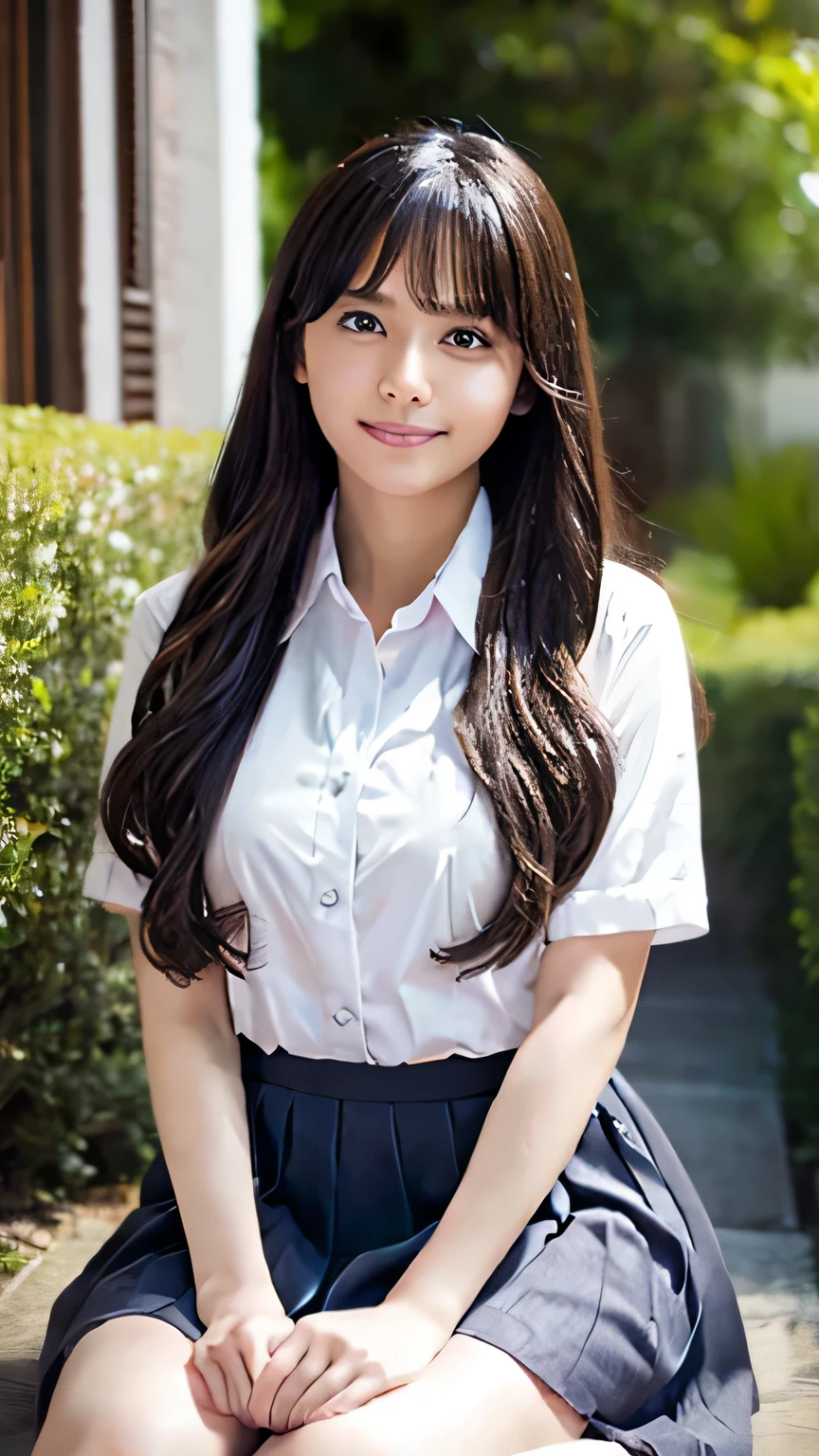 highest quality、4K、8k、 high image quality、 Masterpiece:1.2、 very detailed、 Genuine:1.37、 portrait 、Gentle colors、Gentle Light、 beautiful girl、 I'm wearing long, flowing hair、 gentle face、Thoughtful eyes 、 white skin、 Happy Expression 、 great atmosphere 、 shirt、Subtle brushwork、Dreamy composition、 staring into the distance 、 ROMANTIC ATMOSPHERE 、 achromatic 、 Soft Shadows 、 show their full body、 plump breasts、I'm wearing a 、 high school uniform