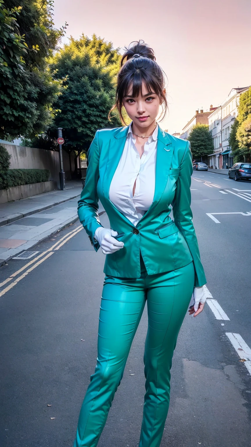 (master piece), original, RAW photo, ((extremly detailed)), ((high quality, best quality)), stylish, ((1girl)), ((solo)), business women, elegant, beautiful, best lighting, Mature woman, ((perfect body, body)), muscular, looking at the viewers, feminine, ((big , , large )), , little smile, smile, (((blue eyes))), red hair, ((brown hair, long straight ponytail hair with blunt bangs, high ponytail)), formal, office lady, (((suit jacket, long sleeves, pant suit, long pants, dress shirt, white shirt, buttoned up, collared shirt, green jacket, green pants))), ((choker, gloves, black gloves, gloves full finger)), ((outdoor, afternoon, city park, london)), (((red sky panorama, sidewalk and trees, best architecture, best background, realistic backround, detail`background)), best rendering, rendering high realistic, ultra detail, 8K, high realistic, high resolution, the best resolution, detail hands, detail face, detail , (high detail), detail arms, high detail fingers, detail legs, the best proportions, (detail intricated), hdr, dslr, fix, fit, full color, detail pose, perfect pose, the best pose, natural light, side light, detail light, flouresen, professional, Amazing, (realistic), (photorealistic), slender, narrow waist, thighhighs, ((standing)), (full body), (((from front))), best visual, realistic visual