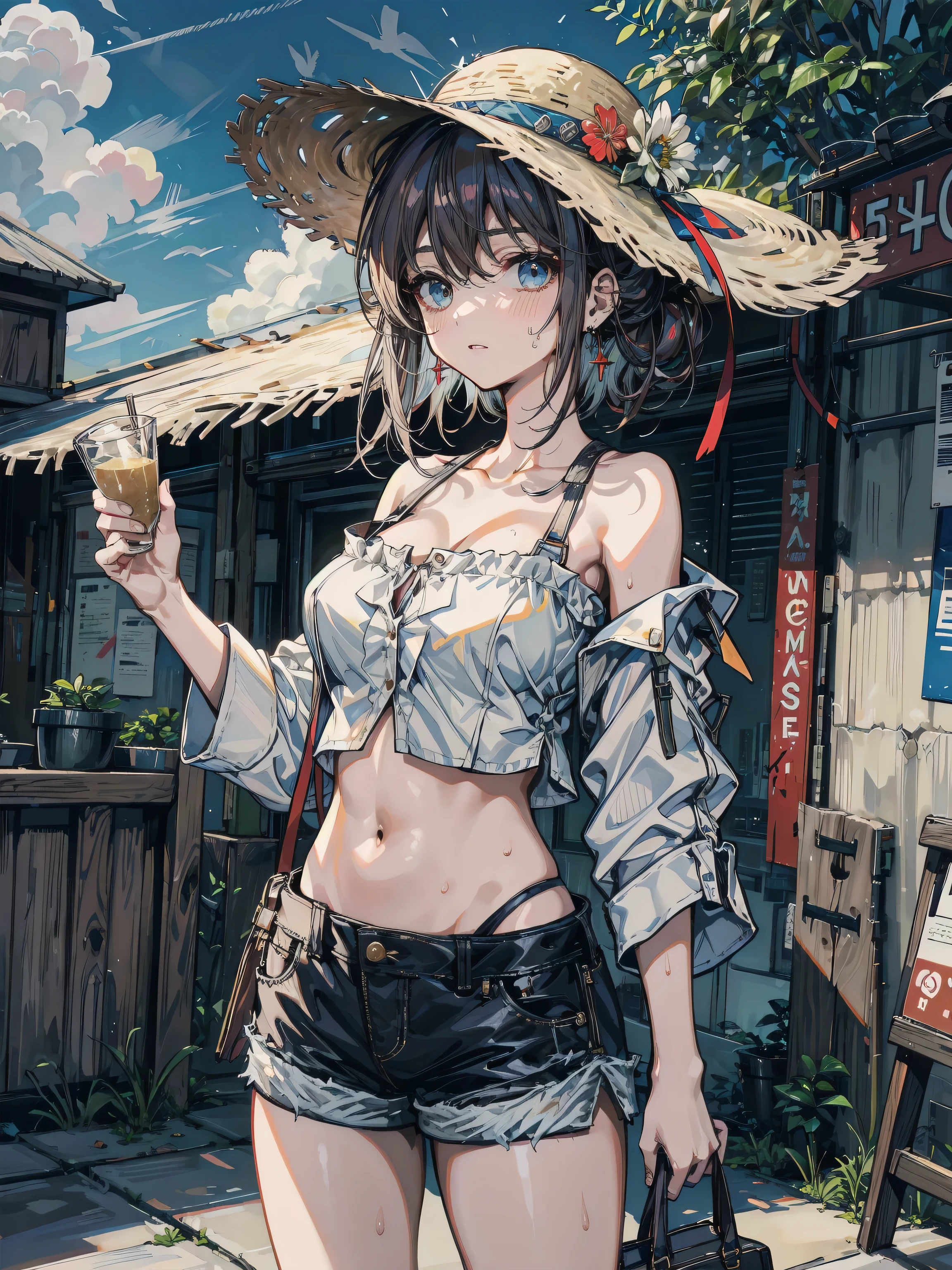 absurdres, RAW photo, extremely delicate and beautiful, masterpiece, Best Quality, ultra high resolution, 32k, hyperrealistic, ultra-detailed, detailed description, perfect anatomy, pale skin, 20 years old, detailed beautiful face and eyes, tearful mole, earring, short medium hair, wavy hair, whole body shot, colossal tits, cargo shorts, bare collarbone, Crop top, straw hat, outdoors,
