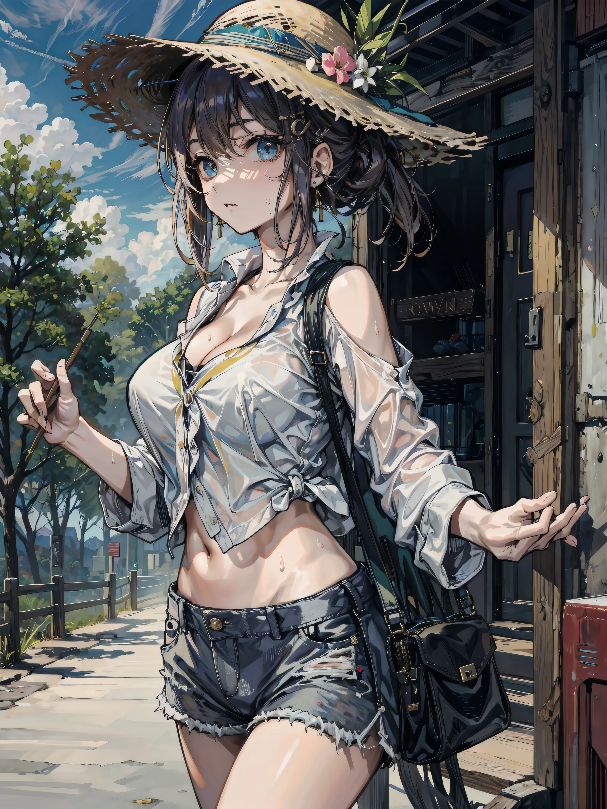 beautiful, (masterpiece:1.2), (Best quality:1.2), Perfect eyes, Perfect face, perfect ligthing, 1 girl, he himself, Back off, Back chest, Baseball cap, black, , Brown hair, Top of crop, tipping point, denim, 牛仔shorts, Back to, From the back, With cleavage, High Legs, High Legs, White hair, median furrow, , 微型shorts, , Ponytail, shorts, shorts, Side breast, background, Solitary, Vest, thigh, Pass, Lower Bust, Improper attire, site, grassland, aisle, Huge breasts, Wide hips, Keep your arms at your sides