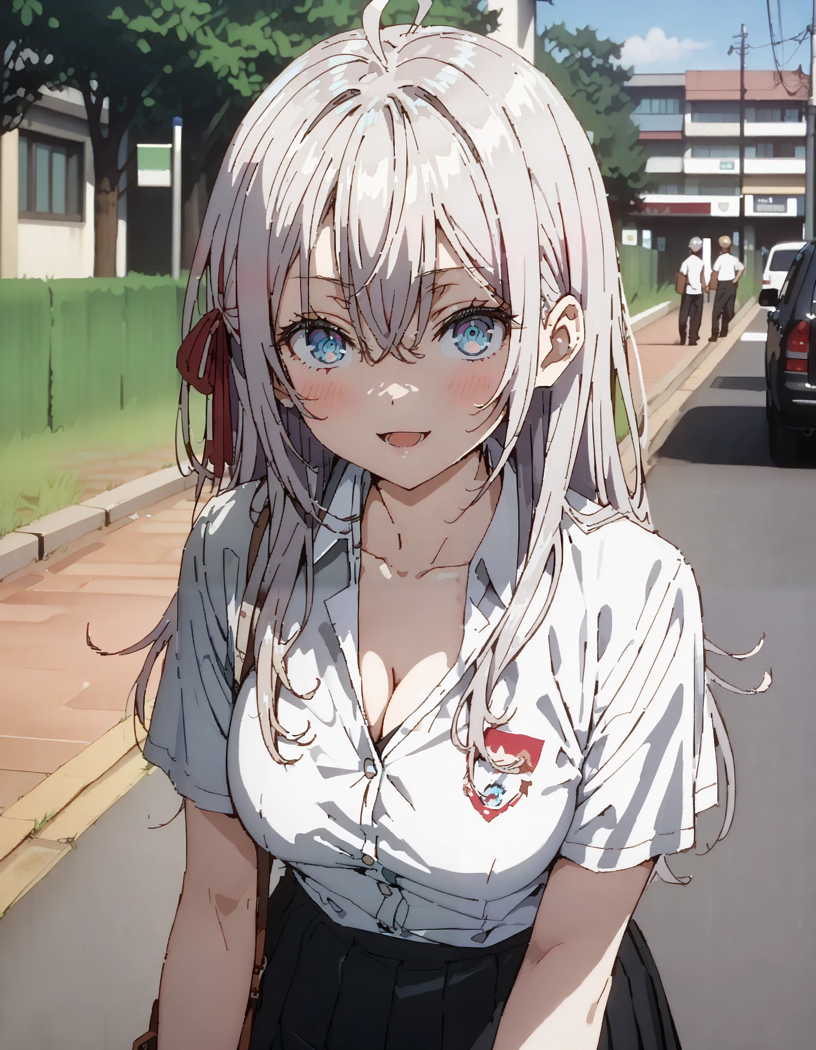 sysdeep_Arisa,stupid hair, Silver Hair, blue eyes,skirt, shirt,side hair Ribbon,Glasses,smile,blush, open your mouth, school uniform, white shirt, Short sleeve, Big Breasts, cleavage, gal, collared shirt,Short sleeve,School bag , black mini pleated skirt , rib tights , black pantyhose, loafers, for tomorrow, in the sun's nature,whole bodyがイラストに入るように,
break outdoors,Around town,, break looking at viewer,whole body, break ( Masterpiece:1.2), highest quality , kampala, Unity 8k Wallpaper,(shape:0.8),( fine, beautiful eyes :1.6),It's a person ,whole body写真,CG Details , ( perfect hand, Complete Anatomy),