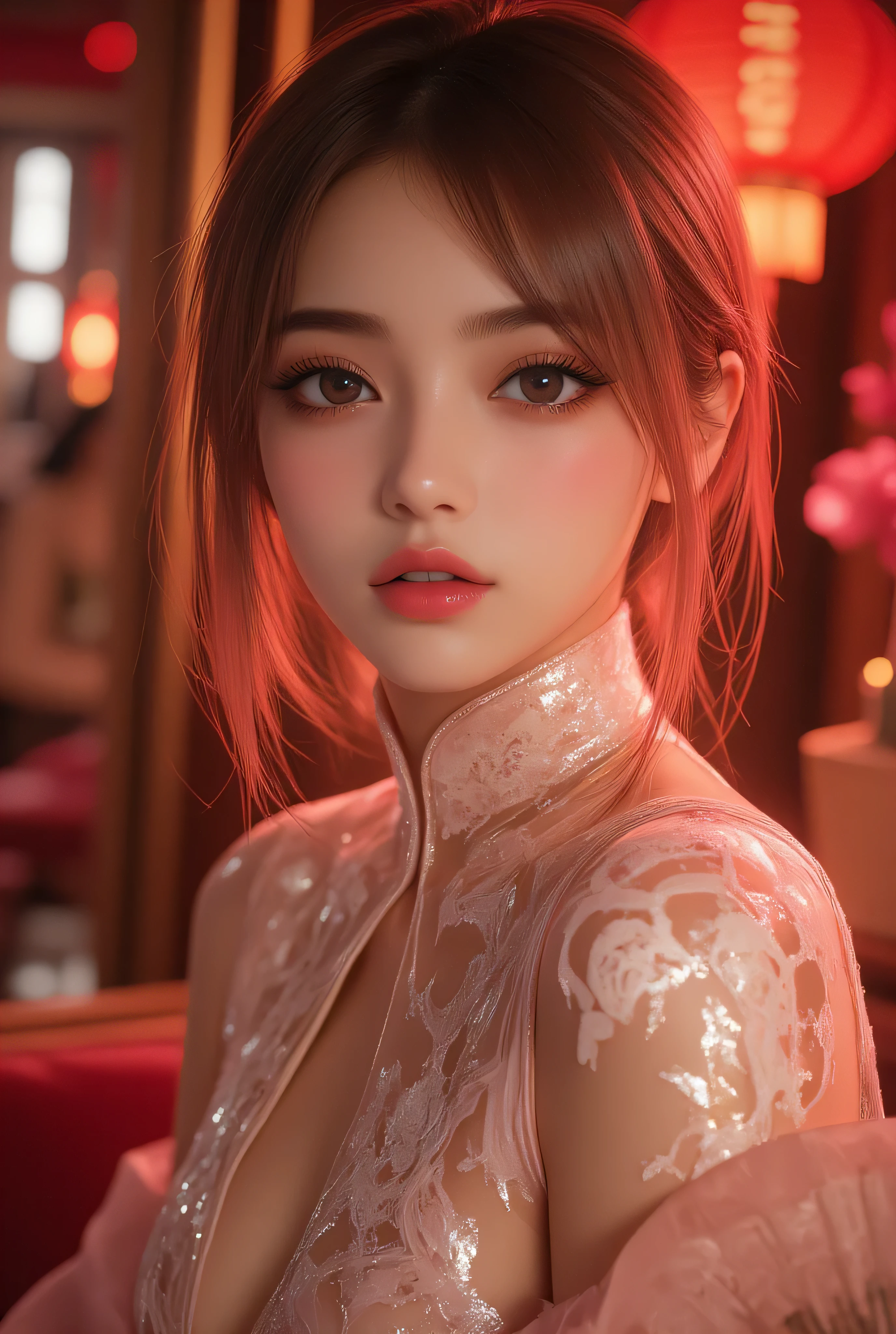 Cat ears、 face up, attractive, pretty girl, ponytail、 (( fine facial features , eroticism)), dramatic lighting , realistic , 8k, Dramatic Shadows , intricate and elaborate patterns , super detailed photo , chiaroscuro lighting , Pleasant colors , deep contrast , super real 、 pink lipstick、 warm room、Vintage Fireplace 、 cinematic composition、Close-up of face, pretty half part transparent open shoulder loose outfits dress, tang style, A beautiful Korean idol wearing a one piece red- black tightly cheongsam with phoenix and intricate floral golden embroidery, golden and silver outline on dress, hand hold pink feathers transparent Chinese fan with golden ink painting of bird and tree , standing gracefully in a room filled with traditional Chinese New Year decorations. The room features vibrant red lanterns, decorative calligraphy scrolls, a small Chinese orange tree with golden ornaments, and several red envelopes scattered across the floor and hanging from the tree. Adorable, playful cats are part of the scene—some sitting near the tree, others curiously pawing at the red envelopes or lounging around. Through a window or an open door in the background, vibrant Chinese fireworks light up the night sky in an array of reds, golds, and blues, casting a magical glow into the room. The idol’s outfit is paired with subtle accessories like red hairpins or earrings, complementing the festive look. The atmosphere is warm and lively, filled with the joyful essence of the celebration, enhanced by the shimmering lights of the fireworks and the lively decor.
