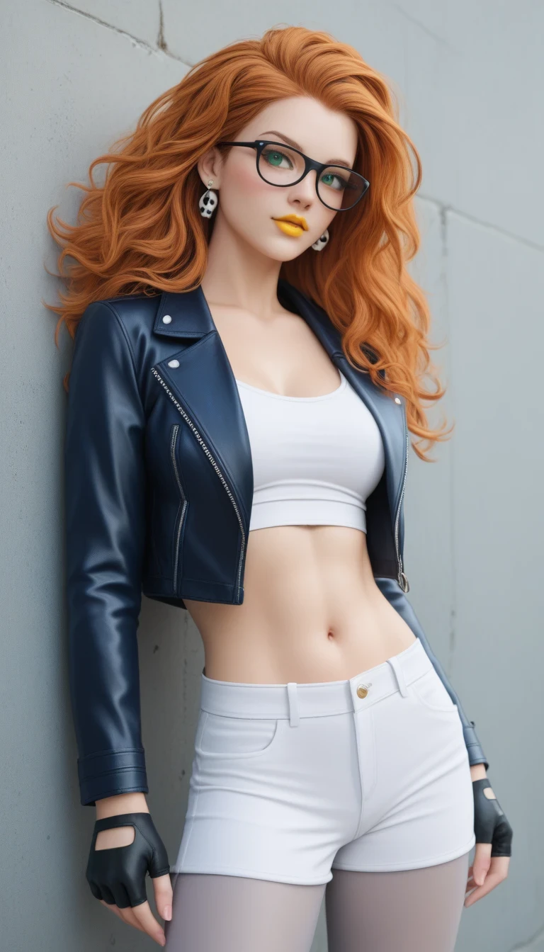 1 , masterpiece, High quality vaccines, ultra realistic, silky hair, long hair, dark orange hair , , big hair, black biker lens dark glasses, green eyes, yellow lipstick, an illegal biker , blue leather jacket , white blouse underneath , short tight white shorts , gray pantyhose , fingerless leather gloves blue , small skull earrings, detailed sexy body , look seriously,a painted wall in the background