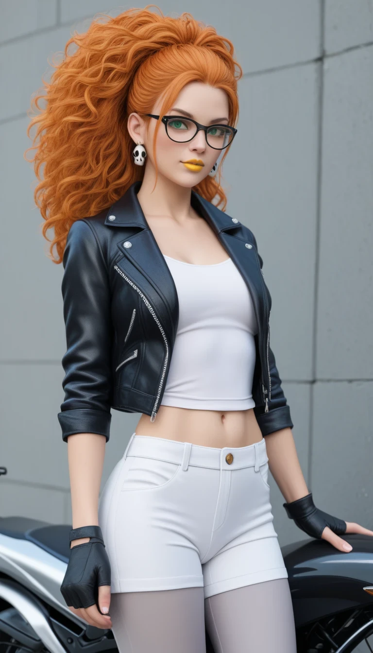 1 , masterpiece, High quality vaccines, ultra realistic, silky hair, long hair, dark orange hair , , big hair, black biker lens dark glasses, green eyes, yellow lipstick, an illegal biker , blue leather jacket , white blouse underneath , short tight white shorts , gray pantyhose , fingerless leather gloves blue , small skull earrings, detailed sexy body , look seriously,a painted wall in the background