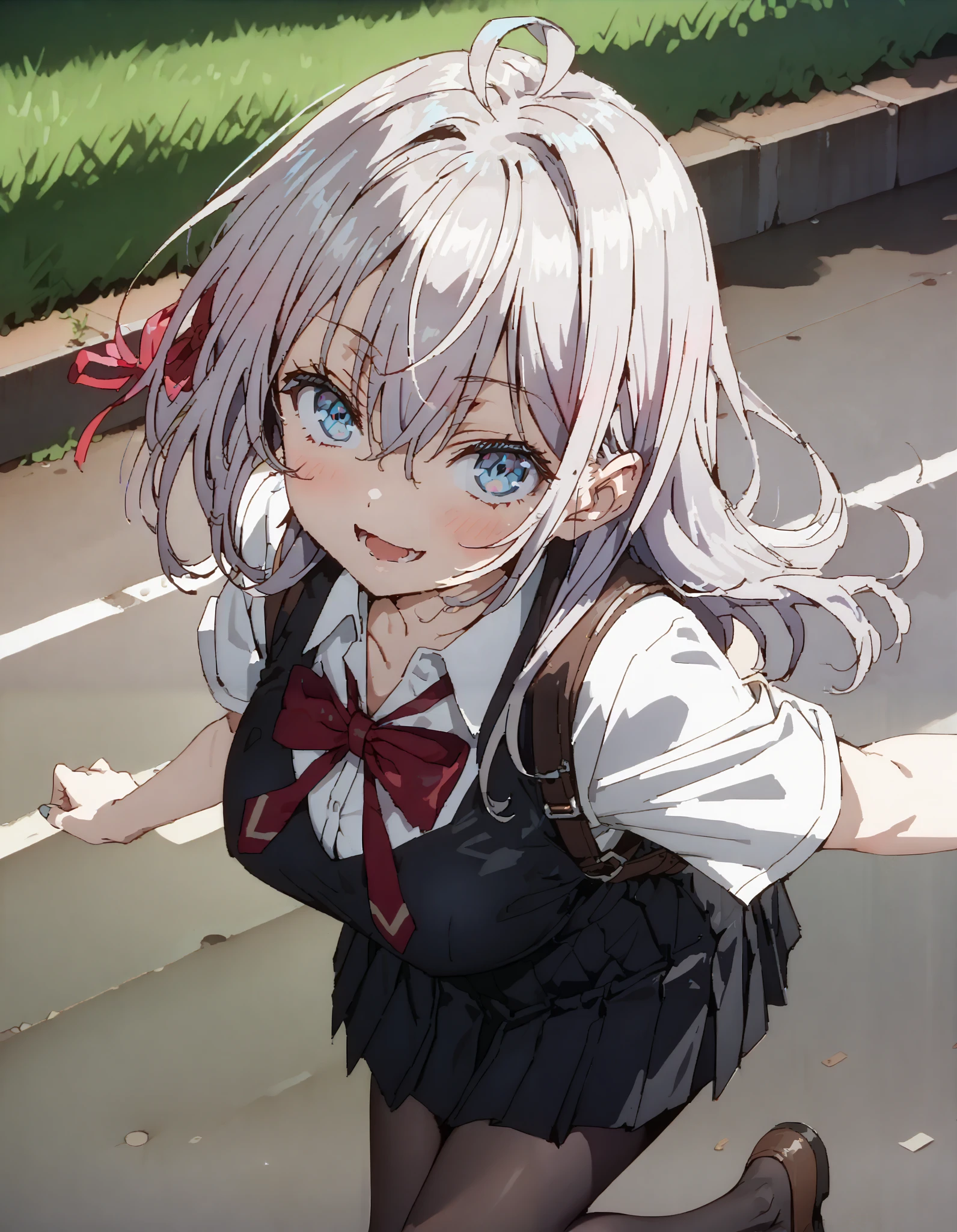 sysdeep_Arisa,stupid hair,  Silver Hair,  blue eyes,skirt,  shirt,side hair Ribbon,Glasses,smile,blush, open your mouth,  school uniform, white  shirt, Short sleeve, Big Breasts, cleavage, gal, collared  shirt,Short sleeve,School bag , black mini pleated skirt , rib tights ,  black pantyhose, loafers,  for tomorrow, in the sun's nature,whole bodyがイラストに入るように,                                    
 break outdoors,Around town,,                                                 break looking at viewer,whole body, break ( Masterpiece:1.2), highest quality , kampala, Unity 8k Wallpaper,(shape:0.8),(  fine, beautiful eyes  :1.6),It's a person ,whole body写真,CG Details , ( perfect hand, Complete Anatomy),                                        