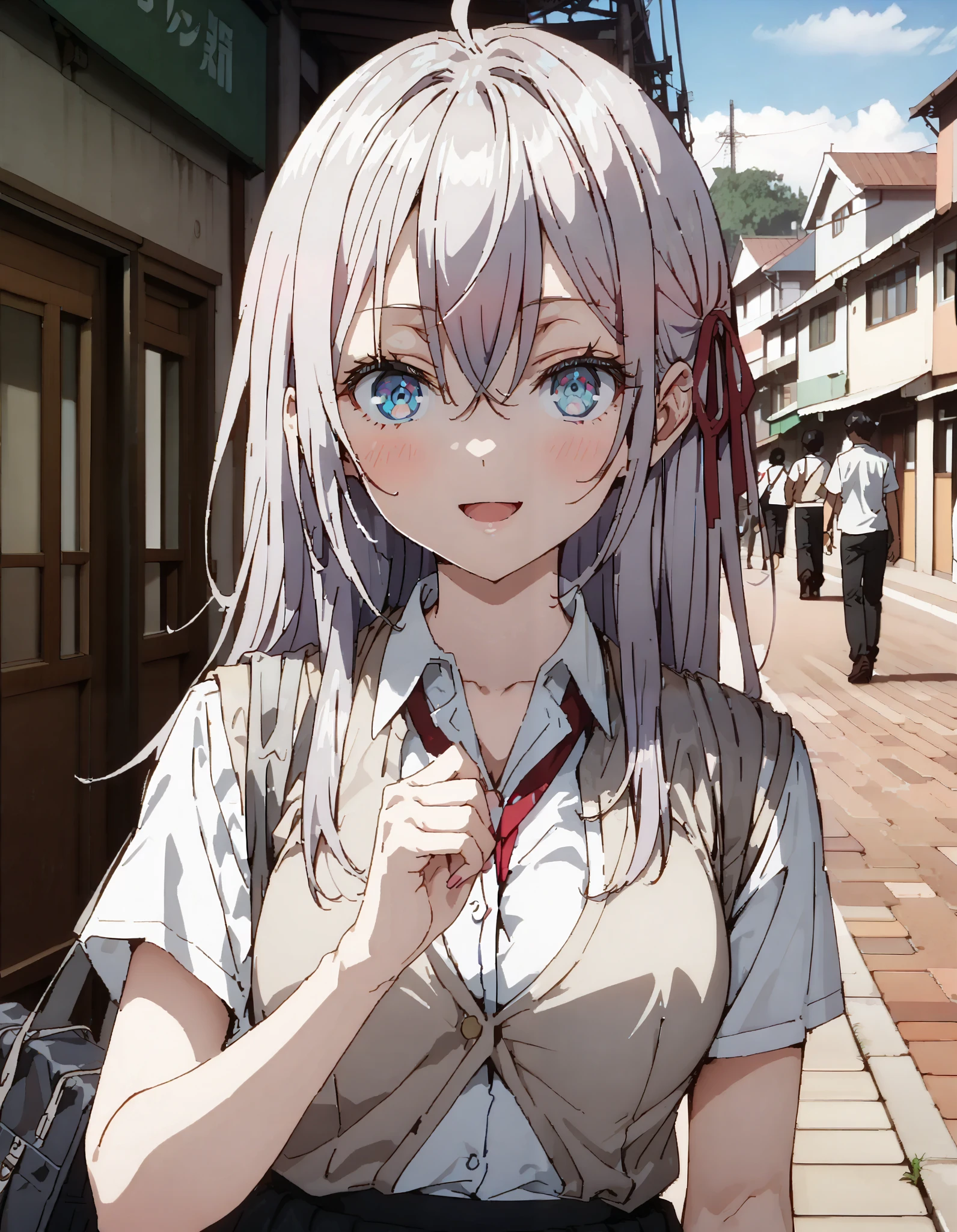 sysdeep_Arisa,stupid hair, Silver Hair, blue eyes,skirt, shirt,side hair Ribbon,Glasses,smile,blush, open your mouth, school uniform, white shirt, Short sleeve, Big Breasts, cleavage, gal, collared shirt,Short sleeve,School bag , black mini pleated skirt , rib tights , black pantyhose, loafers, for tomorrow, in the sun's nature,whole bodyがイラストに入るように,
break outdoors,Around town,, break looking at viewer,whole body, break ( Masterpiece:1.2), highest quality , kampala, Unity 8k Wallpaper,(shape:0.8),( fine, beautiful eyes :1.6),It's a person ,whole body写真,CG Details , ( perfect hand, Complete Anatomy),