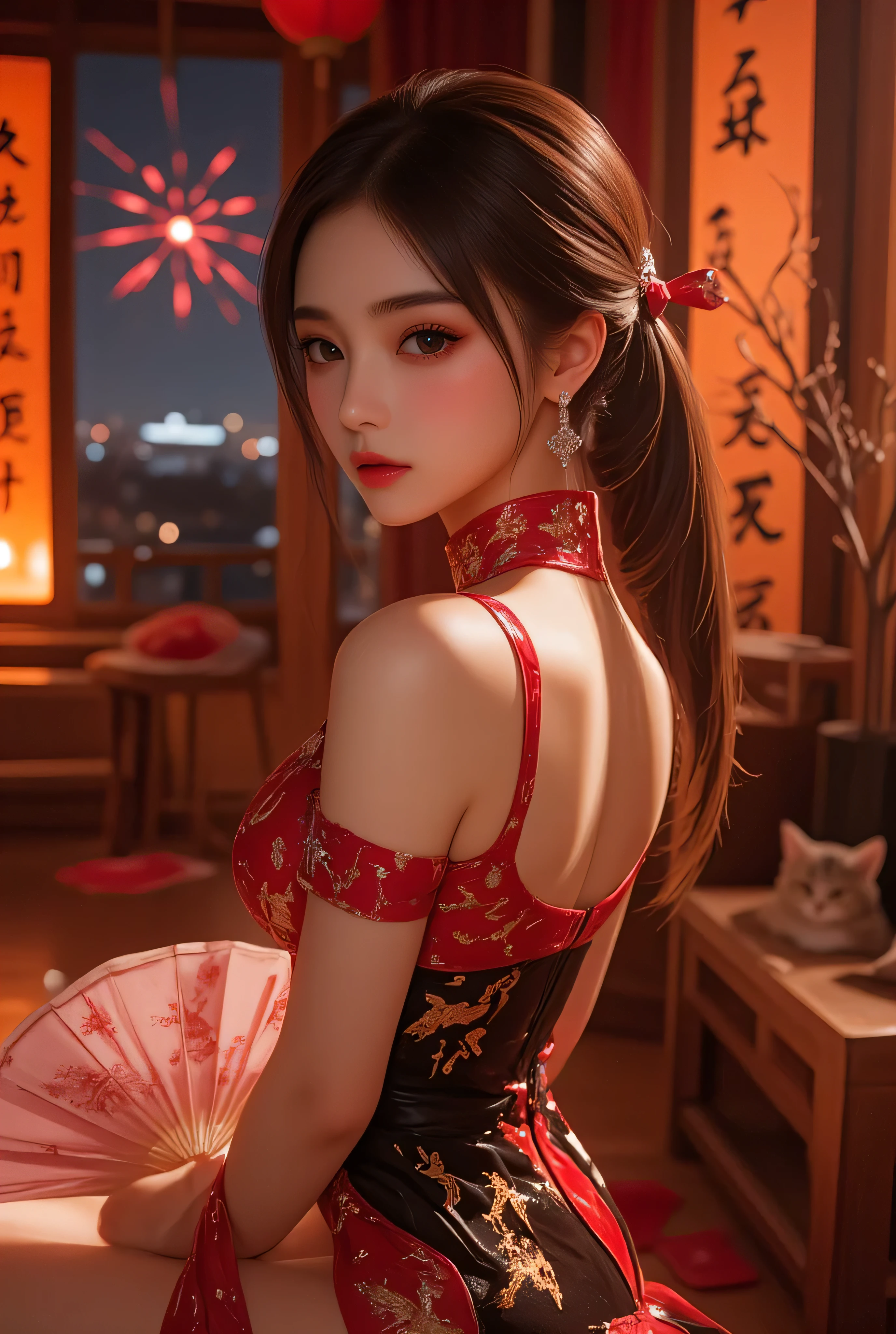 Cat ears、 face up, attractive, pretty girl, ponytail、 (( fine facial features , eroticism)), dramatic lighting , realistic , 8k, Dramatic Shadows , intricate and elaborate patterns , super detailed photo , chiaroscuro lighting , Pleasant colors , deep contrast , super real 、 pink lipstick、 warm room、Vintage Fireplace 、 cinematic composition、Close-up of face, pretty half part transparent open shoulder loose outfits dress, tang style, A beautiful Korean idol wearing a one piece red- black tightly cheongsam with phoenix and intricate floral golden embroidery, golden and silver outline on dress, hand hold pink feathers paper fan with golden ink drawing, rings, necklace, Chinese pretty silver gem hairpin, standing gracefully in a room filled with traditional Chinese New Year decorations. The room features vibrant red lanterns, decorative calligraphy scrolls, a small Chinese orange tree with golden ornaments, and several red envelopes scattered across the floor and hanging from the tree. Adorable, playful cats are part of the scene—some sitting near the tree, others curiously pawing at the red envelopes or lounging around. Through a window or an open door in the background, vibrant Chinese fireworks light up the night sky in an array of reds, golds, and blues, casting a magical glow into the room. The idol’s outfit is paired with subtle accessories like red hairpins or earrings, complementing the festive look. The atmosphere is warm and lively, filled with the joyful essence of the celebration, enhanced by the shimmering lights of the fireworks and the lively decor.