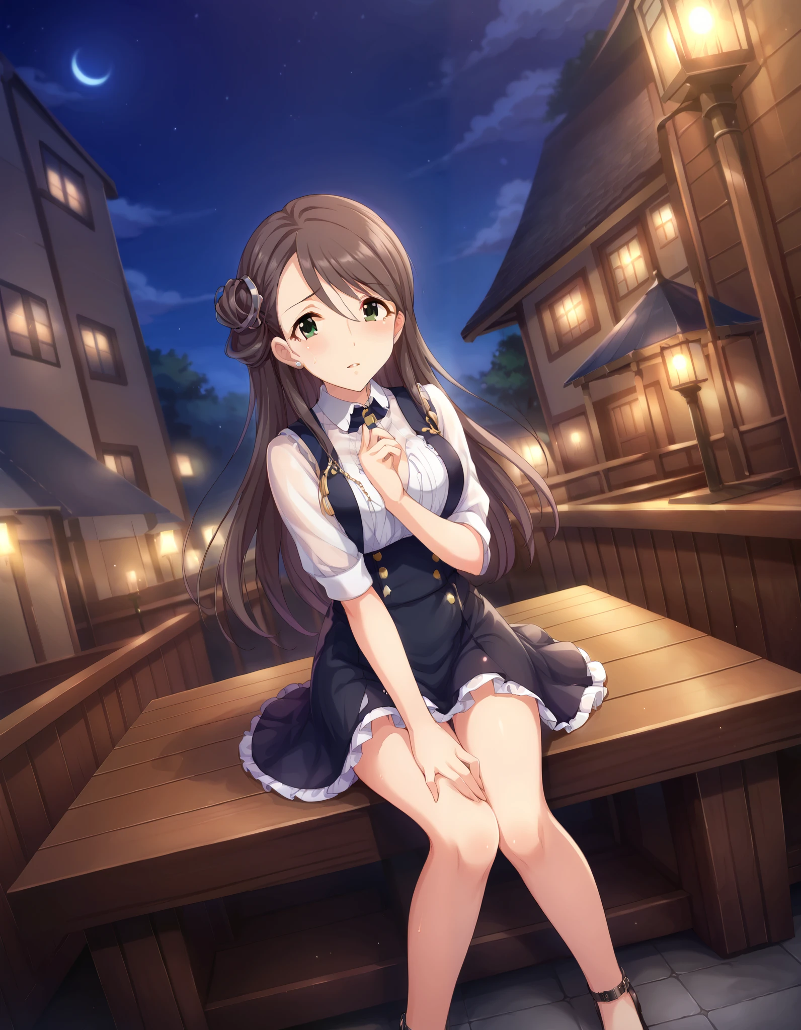(((Nishikawa Honami )))、 white shirt 、(( black miniskirt))、 angle to the vagina、 cleavage、((Close-up))、( downtown at night)、 sit on a chair、Outdoors、(blush)、 is bashful、 Hair、 long hair、 Ulchan-6500-v1.1, ( RAW photos :1.2),  beautiful detailed ,  Very Detailedな目 美しい目, beautiful eyes、 green eyes、  large file size,  Hi-Res,  Very Detailed,  highest quality, [ Masterpiece:1.6], Awareness-raising,  Very Detailed, CG, finely,  highest quality, 8K wallpaper,  Perfect Body、 dynamism 、 Very Detailed