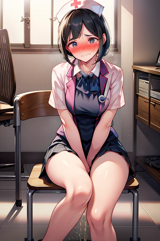 NFSW、masterpiece、Highest image quality、ultra high resolution、Medium-sized elementary school girl、red and large eyes,、black short hair、The inside of the hair has blue coloring.、(Two red hairpins)、red face、shyly、excited、((inserting a sex toy into the pussy))、pussy juice