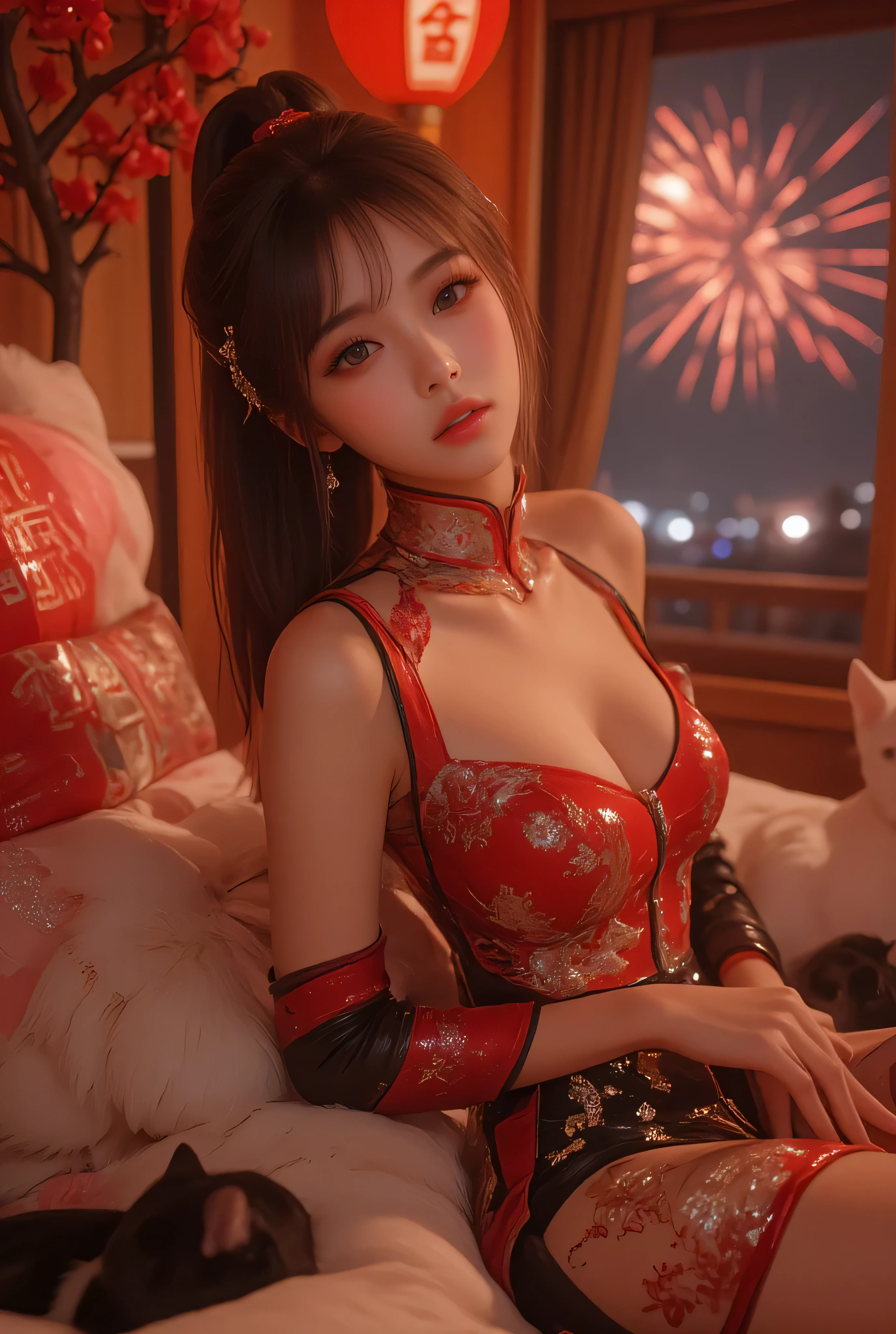 Cat ears、 face up, attractive, pretty girl, ponytail、 (( fine facial features , eroticism)), dramatic lighting , realistic , 8k, Dramatic Shadows , intricate and elaborate patterns , super detailed photo , chiaroscuro lighting , Pleasant colors , deep contrast , super real 、 pink lipstick、 warm room、Vintage Fireplace 、 cinematic composition、Close-up of face, pretty half part transparent open shoulder loose outfits dress, tang style, A beautiful Korean idol wearing a one piece red- black tightly cheongsam with phoenix and intricate floral golden embroidery, golden and silver outline on dress, hand hold pink feathers paper fan with golden ink drawing, rings, necklace, Chinese pretty silver gem hairpin, standing gracefully in a room filled with traditional Chinese New Year decorations. The room features vibrant red lanterns, decorative calligraphy scrolls, a small Chinese orange tree with golden ornaments, and several red envelopes scattered across the floor and hanging from the tree. Adorable, playful cats are part of the scene—some sitting near the tree, others curiously pawing at the red envelopes or lounging around. Through a window or an open door in the background, vibrant Chinese fireworks light up the night sky in an array of reds, golds, and blues, casting a magical glow into the room. The idol’s outfit is paired with subtle accessories like red hairpins or earrings, complementing the festive look. The atmosphere is warm and lively, filled with the joyful essence of the celebration, enhanced by the shimmering lights of the fireworks and the lively decor.