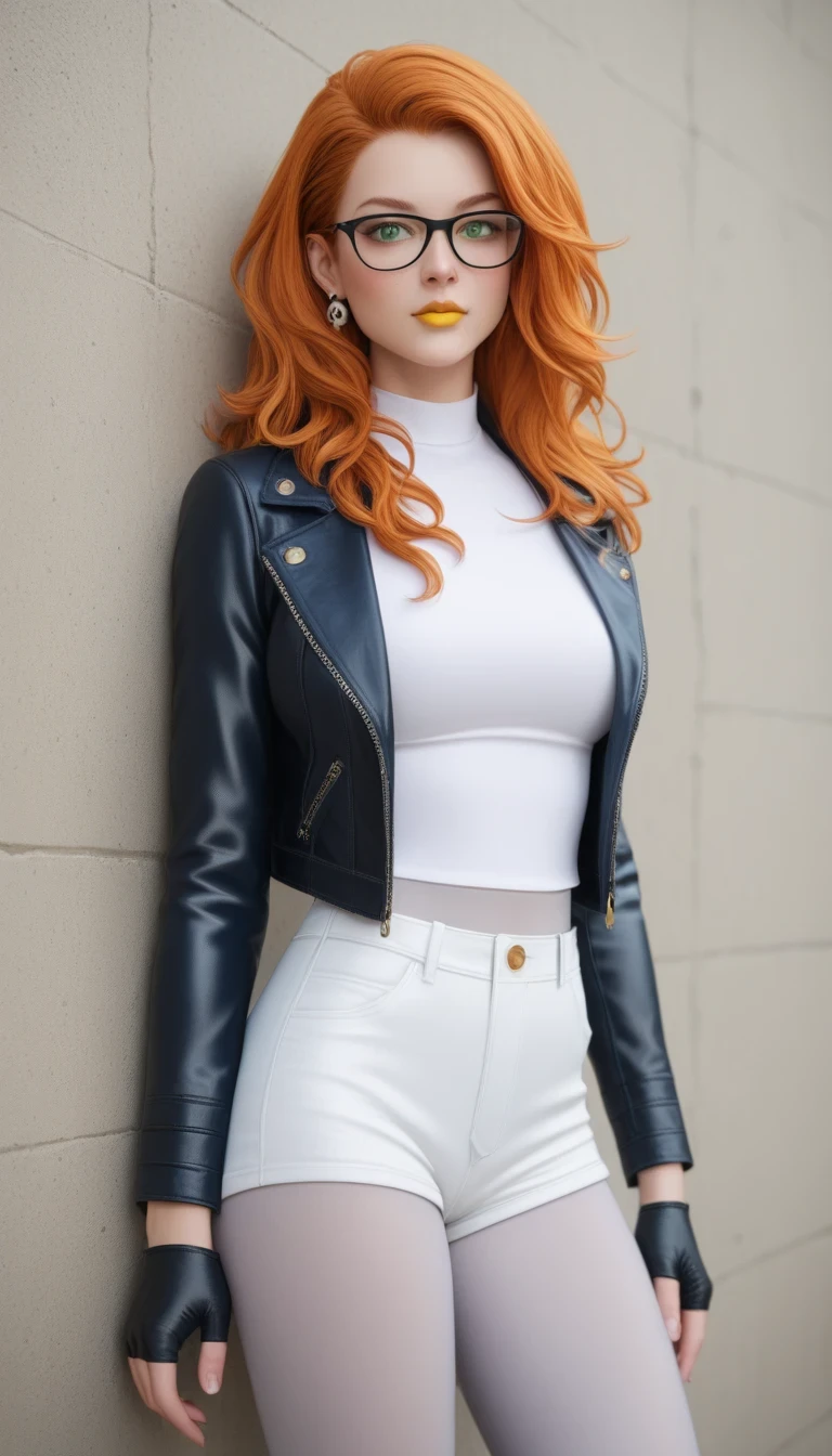 1 , masterpiece, High quality vaccines, ultra realistic, silky hair, long hair, dark orange hair , , big hair, black biker lens dark glasses, green eyes, yellow lipstick, an illegal biker , blue leather jacket , white blouse underneath , short tight white shorts , gray pantyhose , fingerless leather gloves blue , small skull earrings, detailed sexy body , look seriously,a painted wall in the background