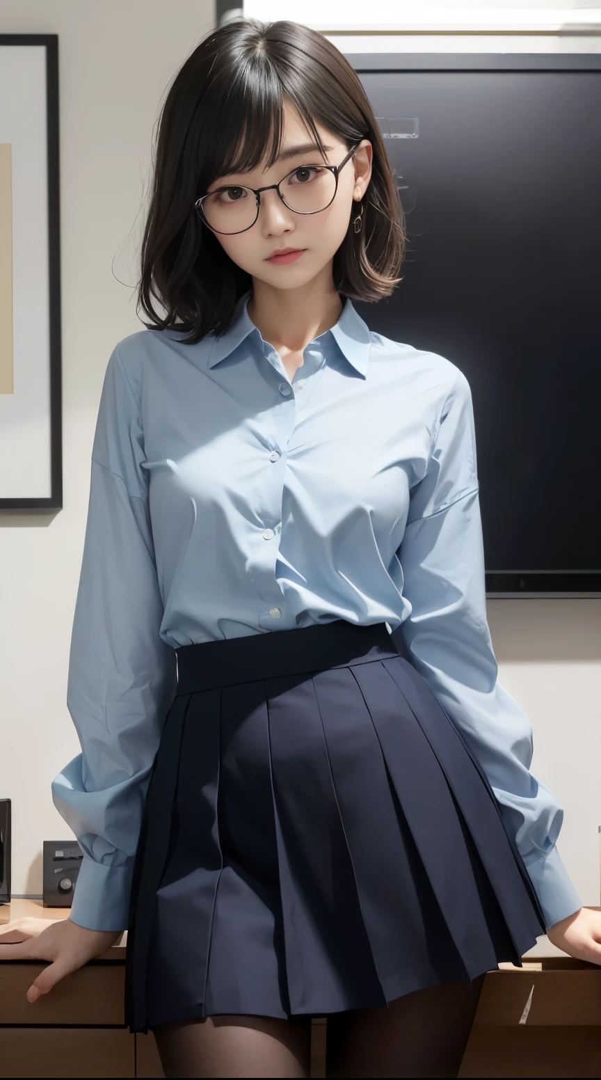 Check skirt,uniform,blouse,earphone,semi-long,Hair tied in a bun