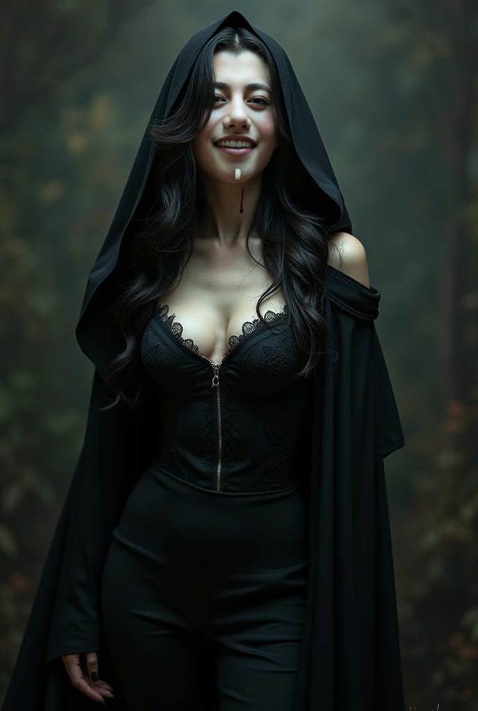 a beautiful female vampire in a sheer hooded robe, arms raised in a cruciform pose, fangs bared in a seductive smile, dark and dramatic lighting, (best quality,4k,8k,highres,masterpiece:1.2),ultra-detailed,(realistic,photorealistic,photo-realistic:1.37),chiaroscuro lighting, moody atmosphere, rich color palette, gothic horror, cinematic composition