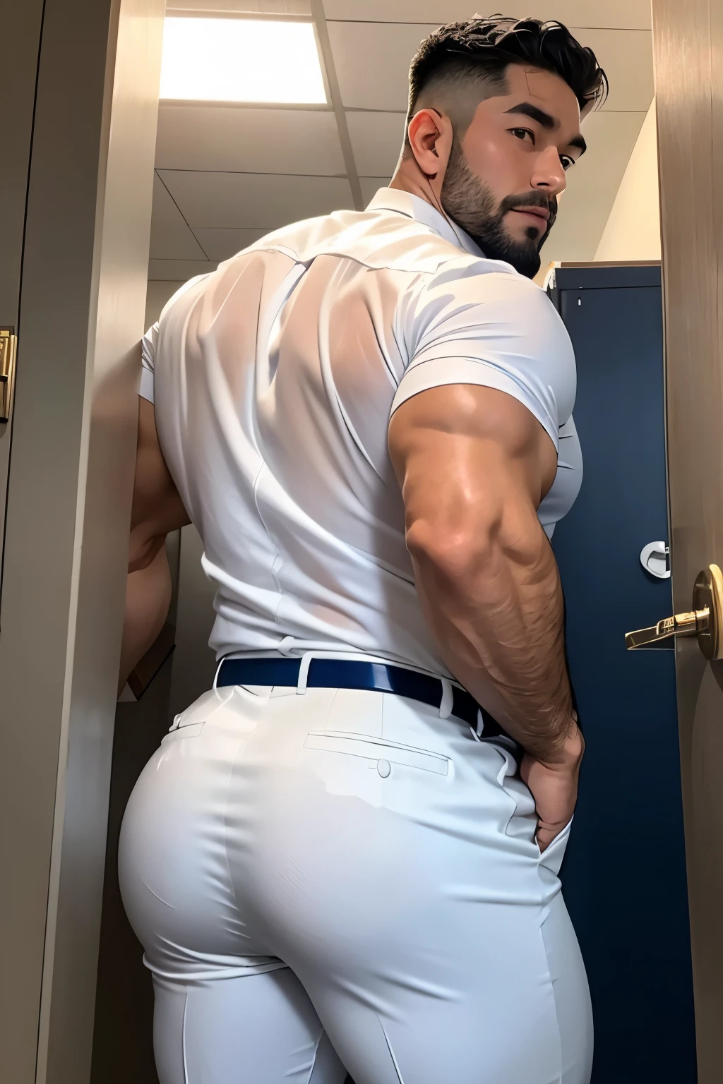 40-year-old boy Japanese muscular male in transparent white formal shirt......... short haired, bearded, wearing navy blue shiny trouser ...........gooning seductive expression.................... dripping on body and pants...................., arching back............... looking back to the camera. [[ huge big unrealistic butt,]] hairy legs.................. muscular thigh......................close up on butt........low angle camera looking up at body........... in locker room........
